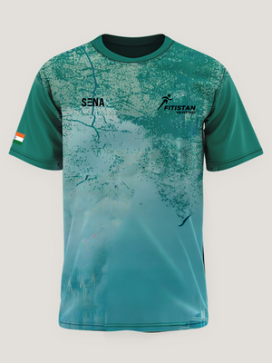 Teal Blue Abstract Print Round Neck Dri Fit T-Shirt