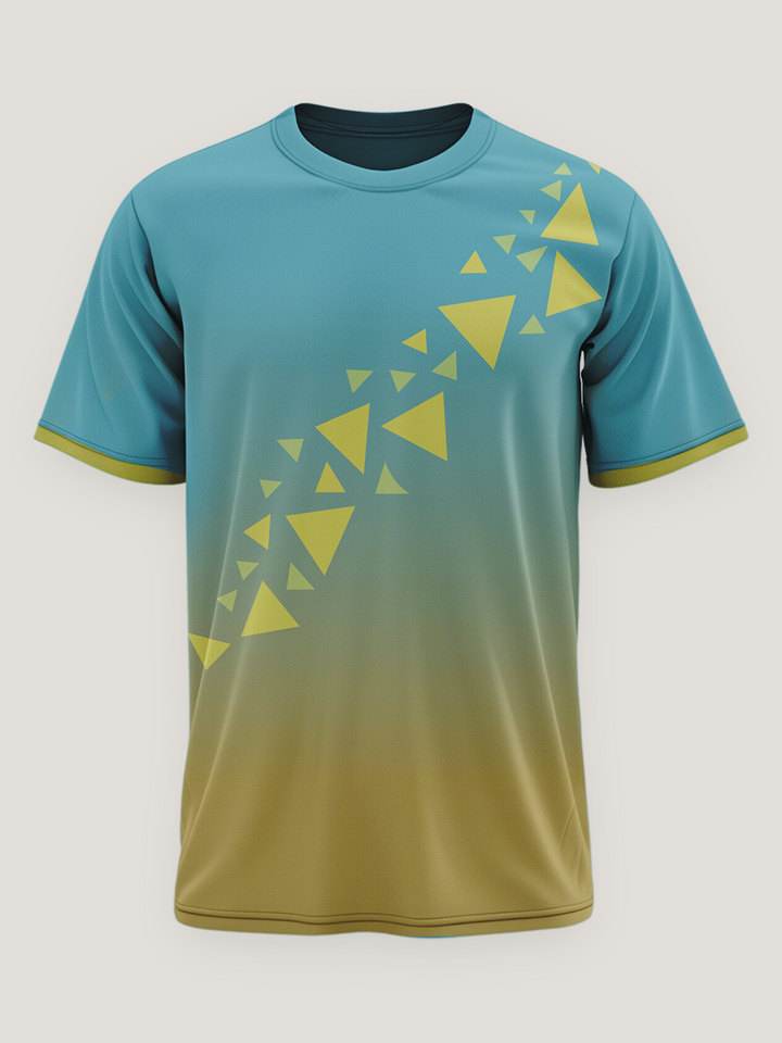 Blue Olive Gradient Geometric Print Round Neck Dri Fit T-Shirt
