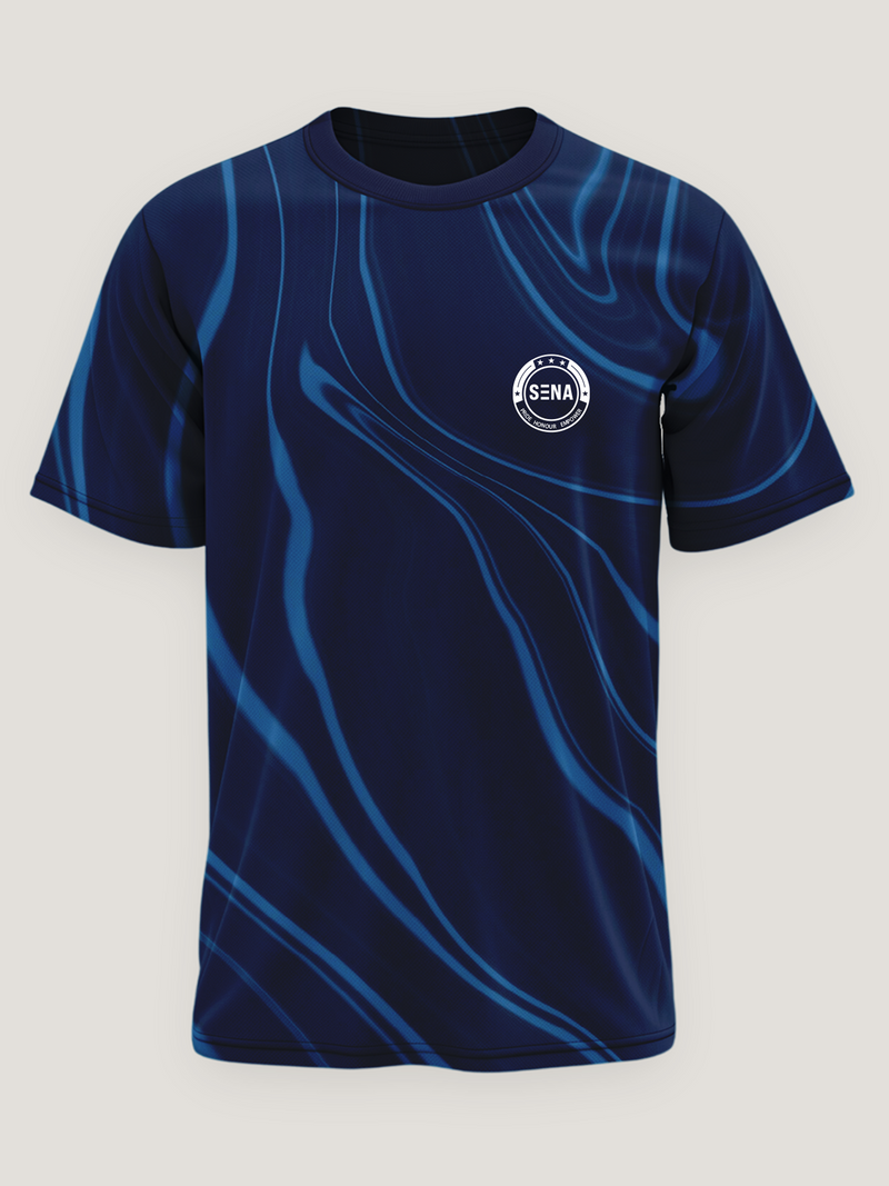 Marine Navy Wave Print Round Neck Dri- Fit T-Shirt