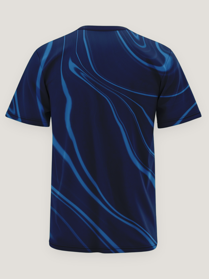 Marine Navy Wave Print Round Neck Dri- Fit T-Shirt