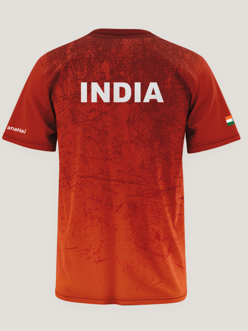 Red sports jersey with 'INDIA' printed on the back against a white background