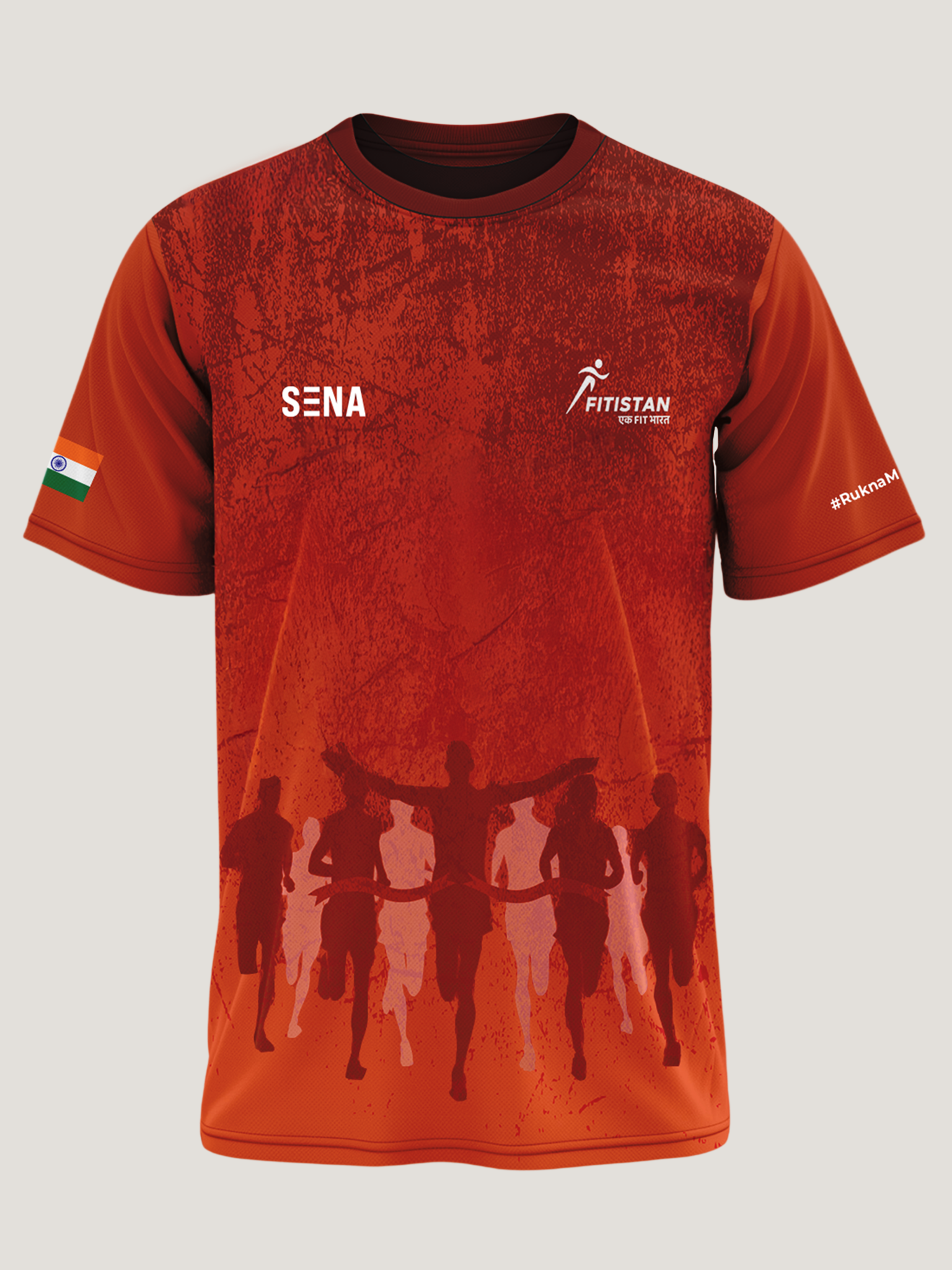 Red t-shirt with running graphic and brand logos on a light gray background