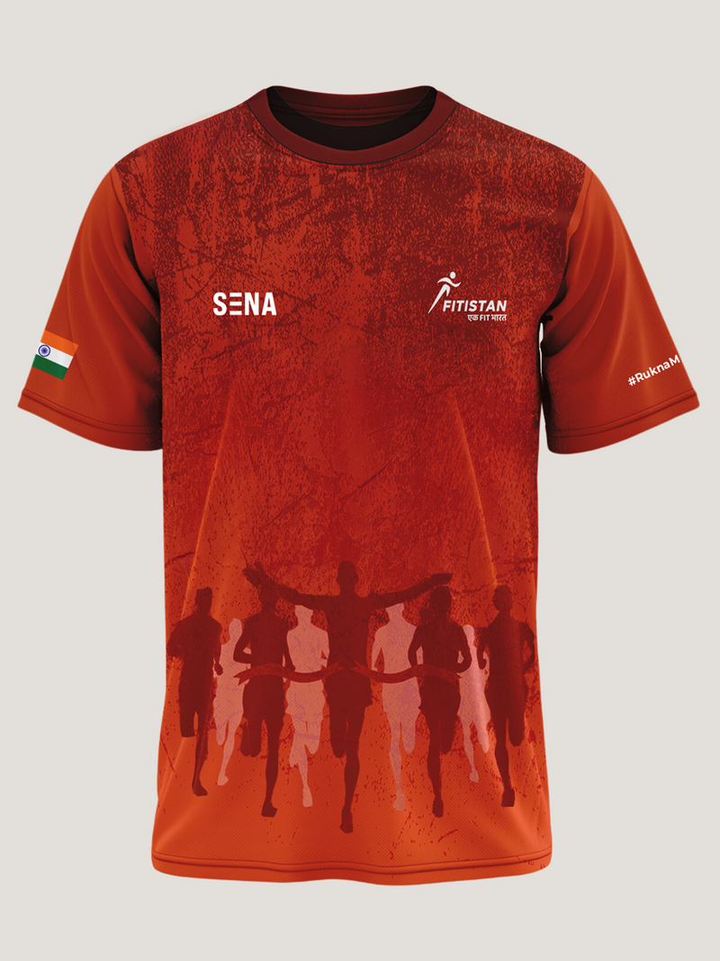 Red t-shirt with running graphic and brand logos on a light gray background