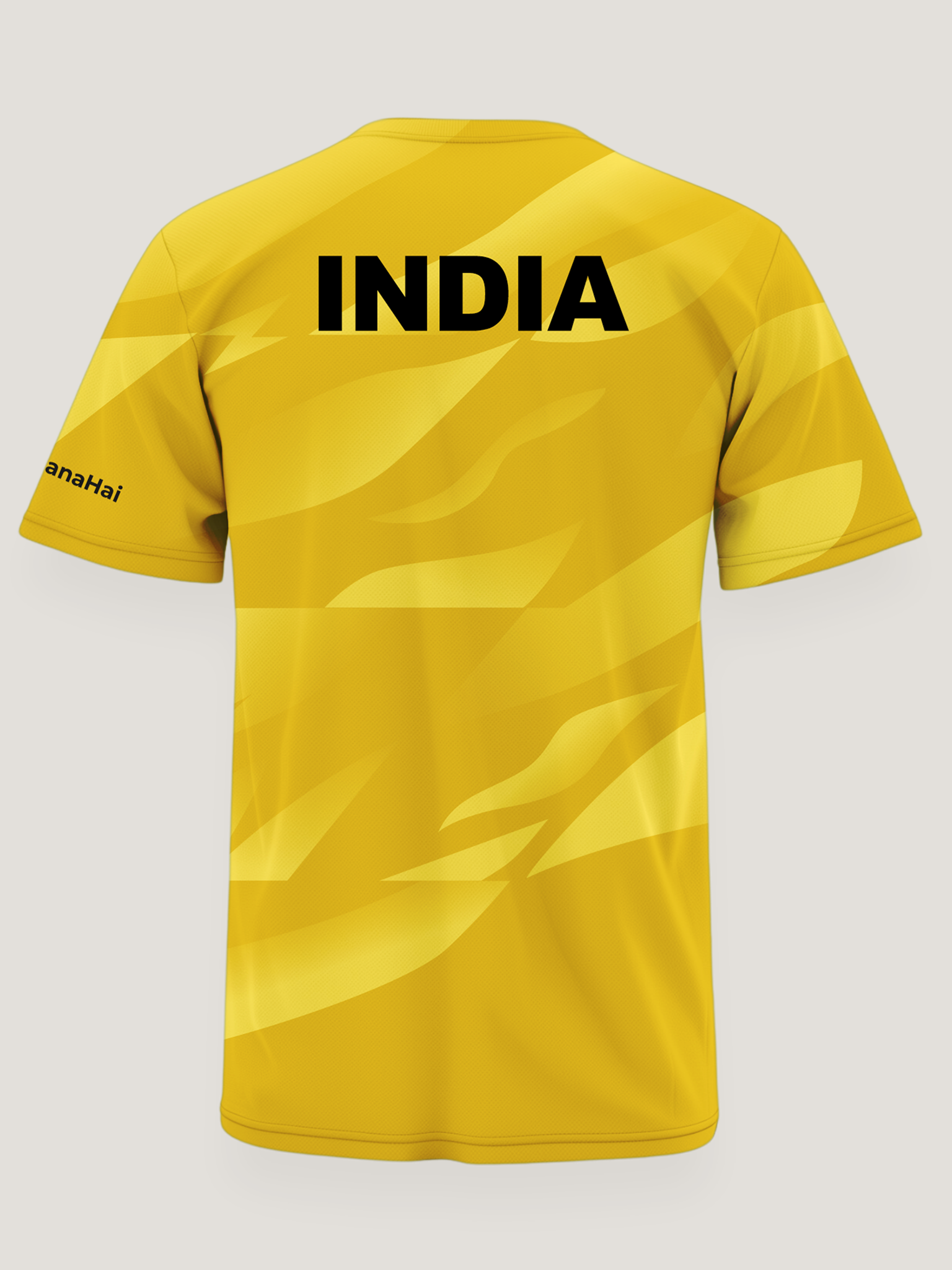 Yellow sports jersey with 'INDIA' printed on the back against a light gray background