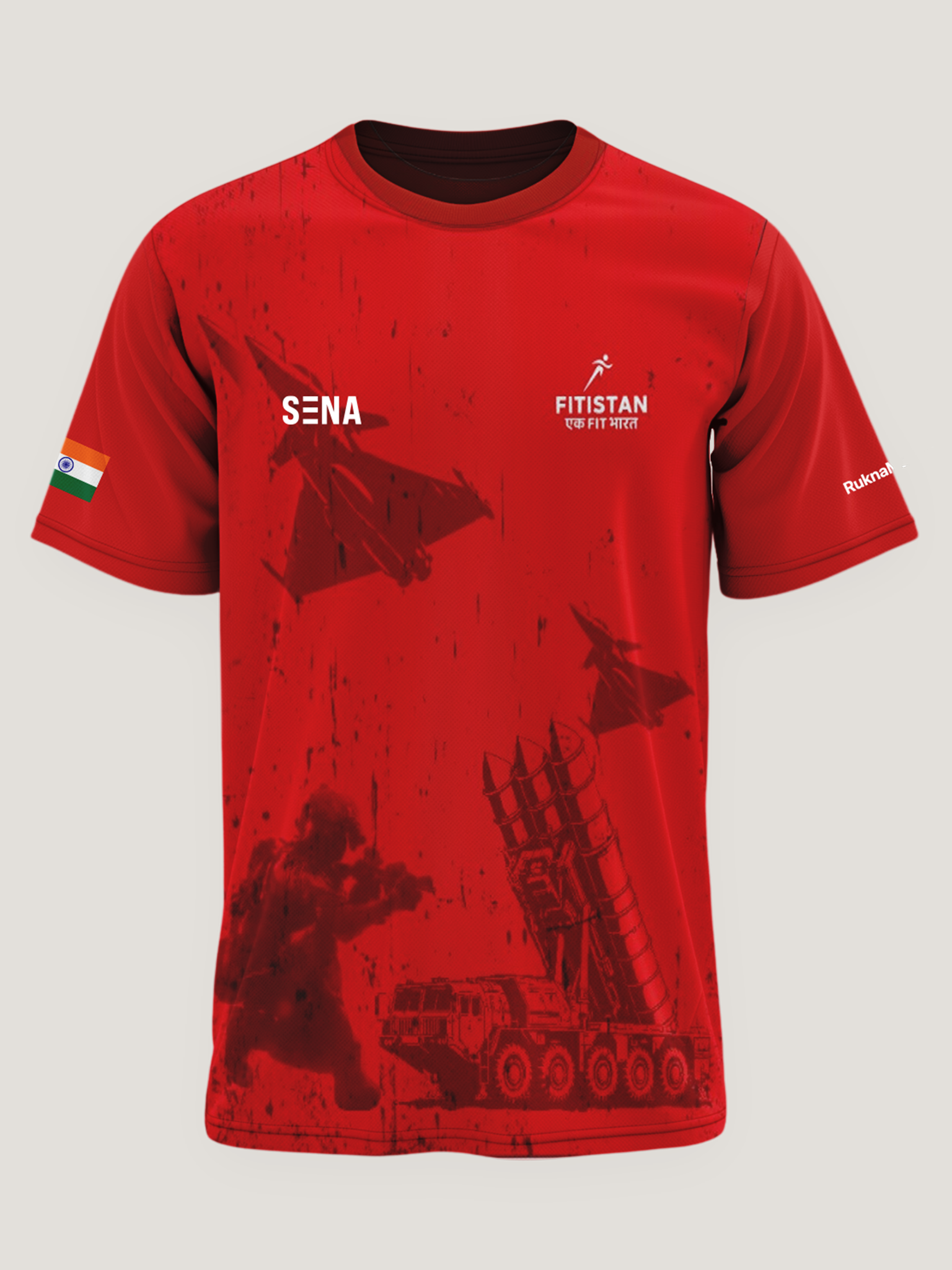 Red Fighter Jet Print Round Neck Dri-Fit T-Shirt