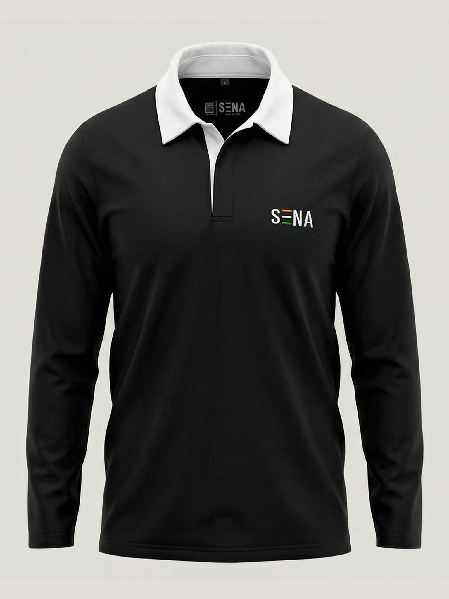 Black long-sleeve polo shirt with white collar and 'Sena' branding on a light gray background