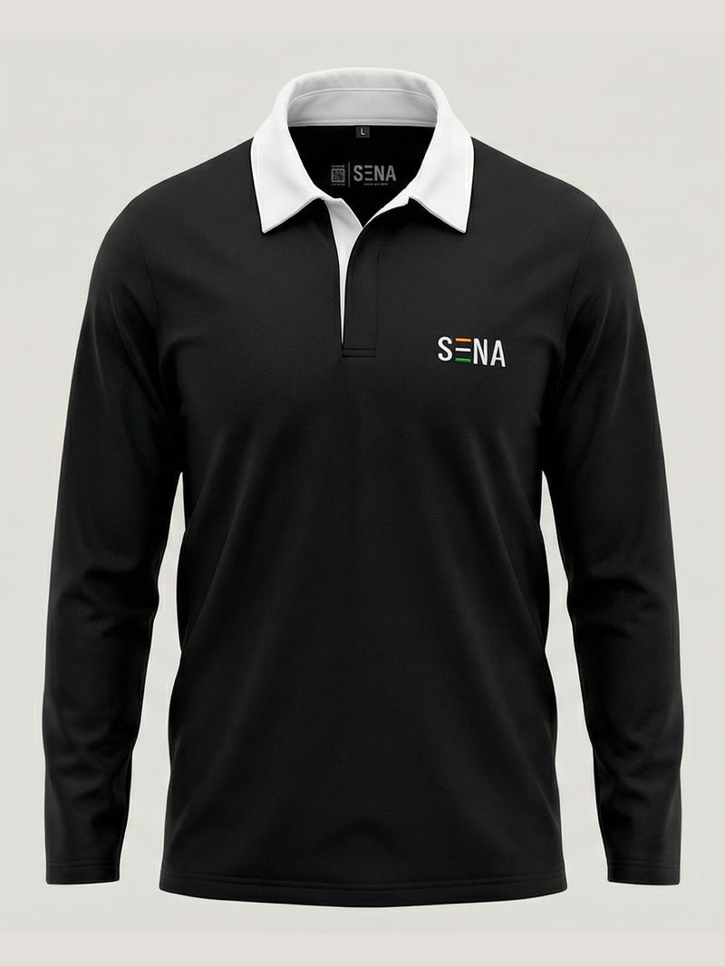 Black long-sleeve polo shirt with white collar and 'Sena' branding on a light gray background