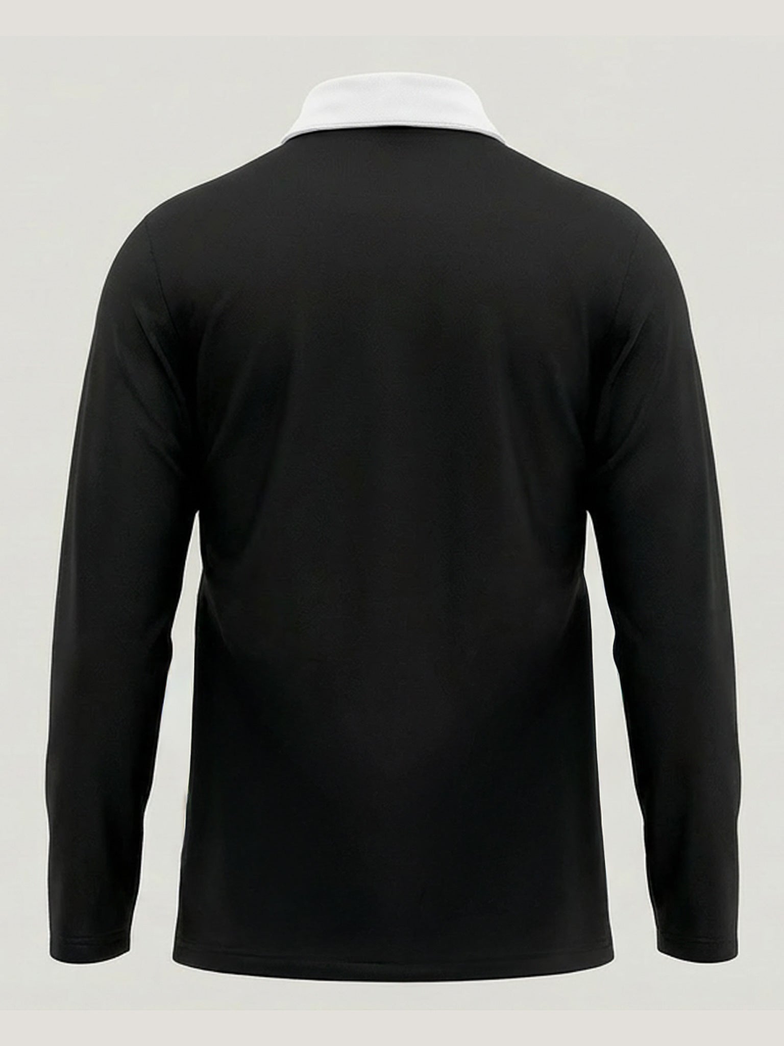 Black long-sleeve shirt with white collar on a light gray background