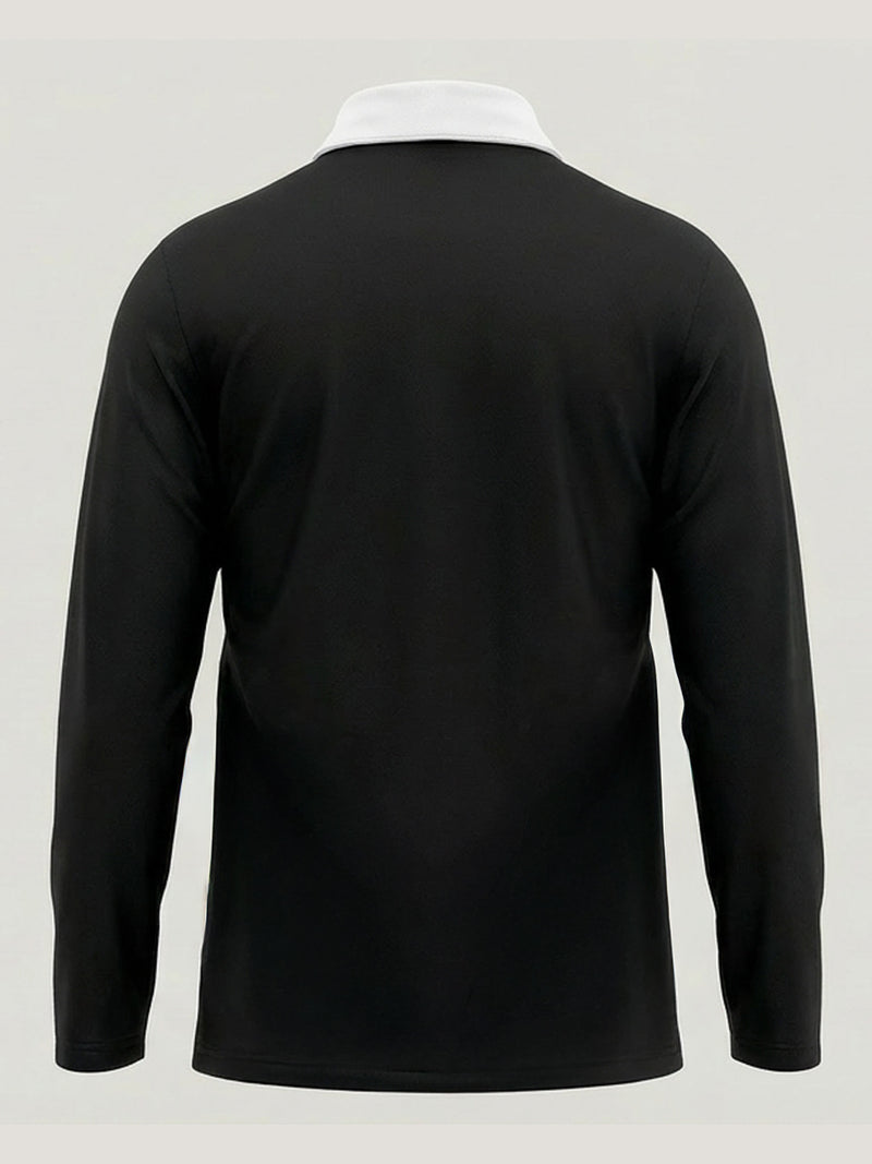 Black long-sleeve shirt with white collar on a light gray background