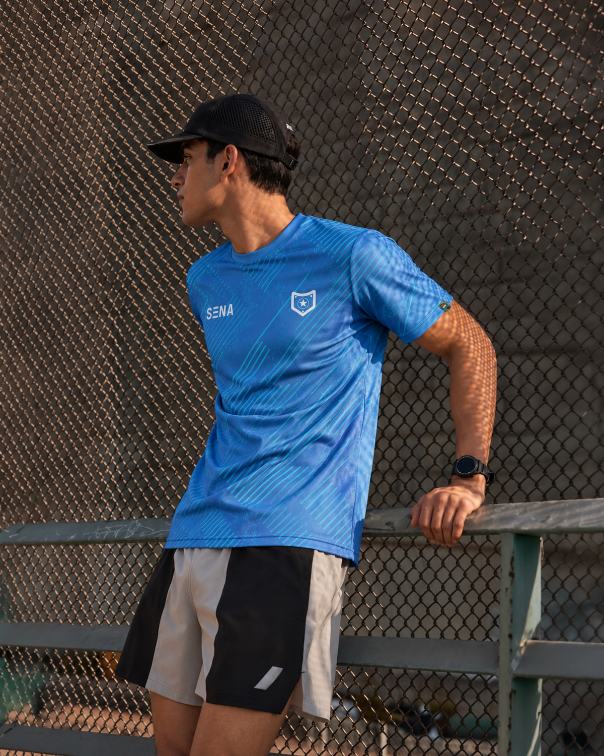 Blue Stripe Print Round Neck Dri- Fit T-Shirt