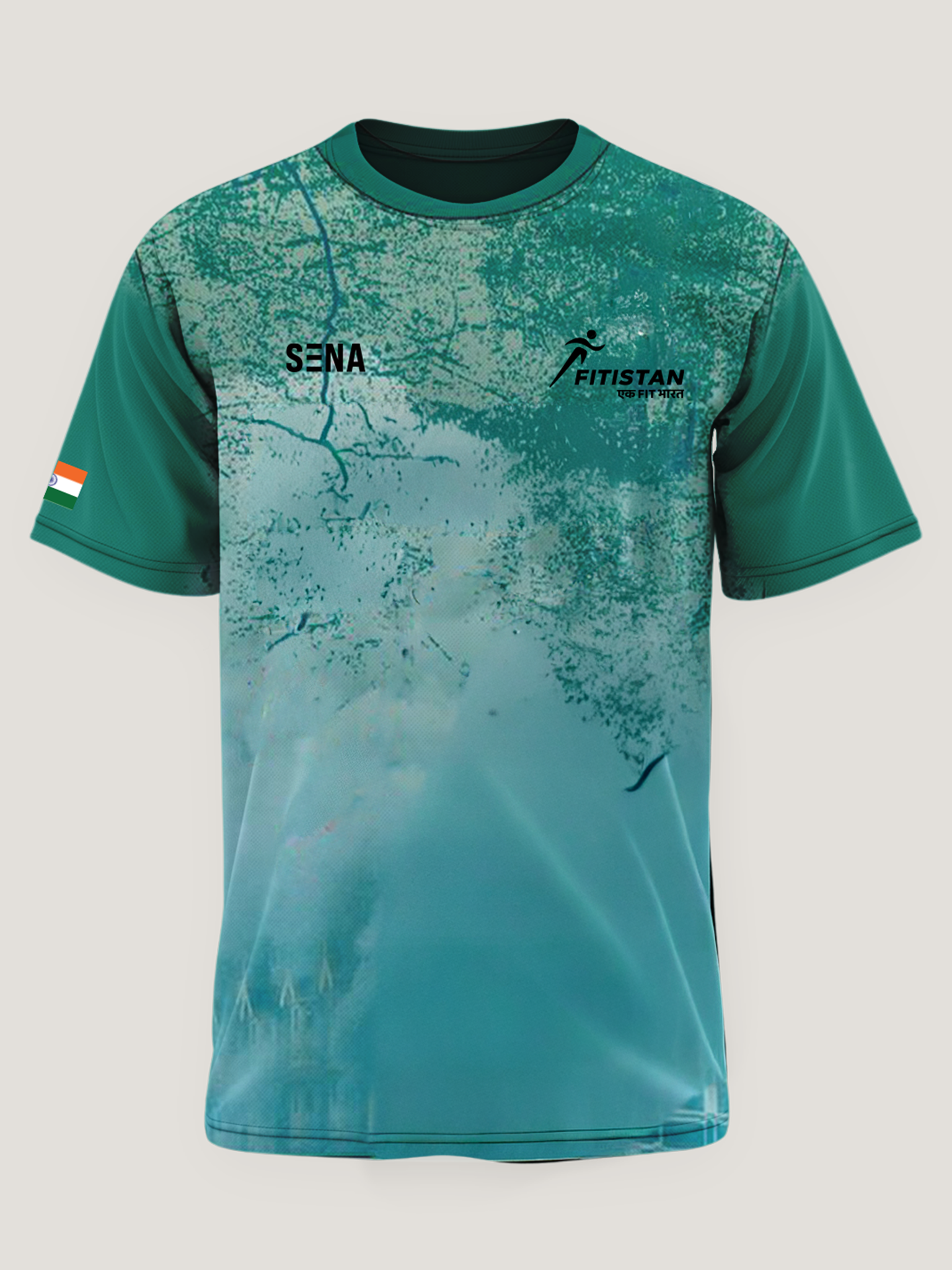 Teal Blue Abstract Gradient Print Round Neck 180 GSM Dri-Fit T-shirt | INDIA Back Print