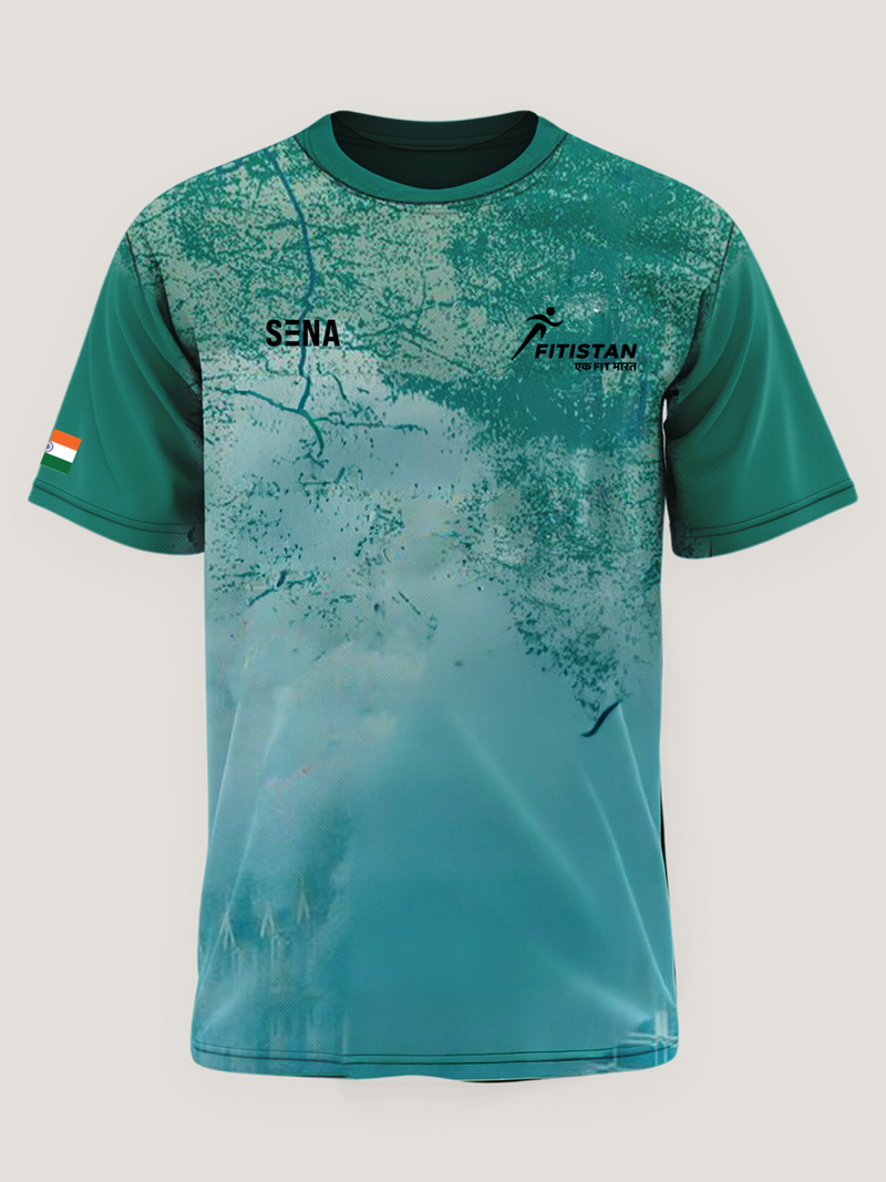 Teal Blue Abstract Gradient Print Round Neck 180 GSM Dri-Fit T-shirt | INDIA Back Print