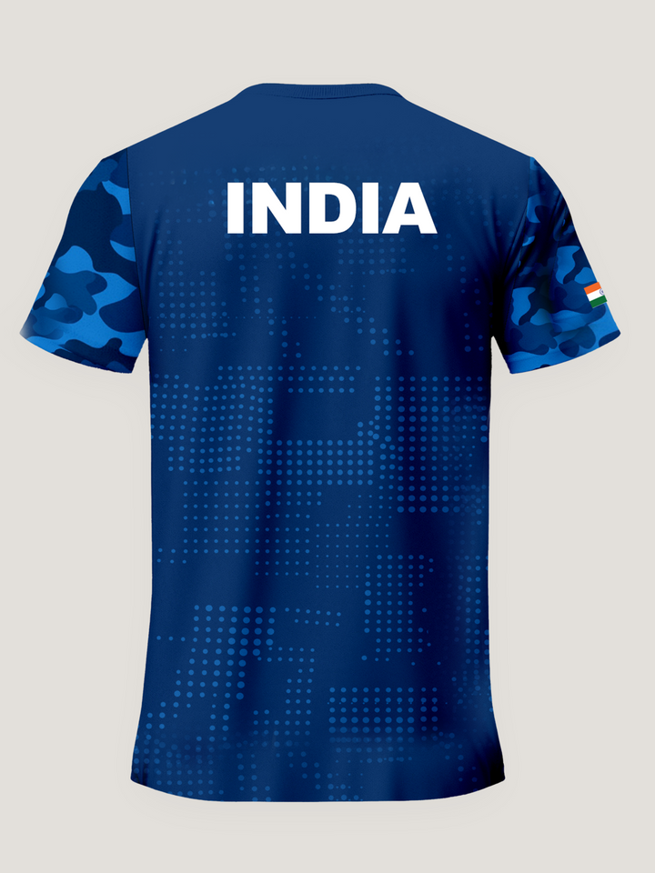 Navy Blue Patterned Sleeve Round Neck Dri-Fit T-Shirt