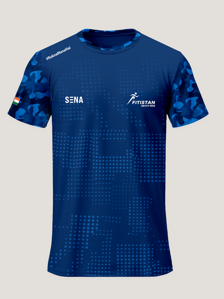 Navy Blue Patterned Sleeve Round Neck Dri-Fit T-Shirt