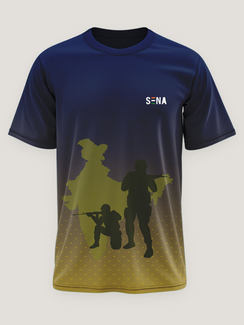 Patriotic Soldier Print Navy Yellow Dri Fit T-Shirt | High-Performance Athleisure Tee