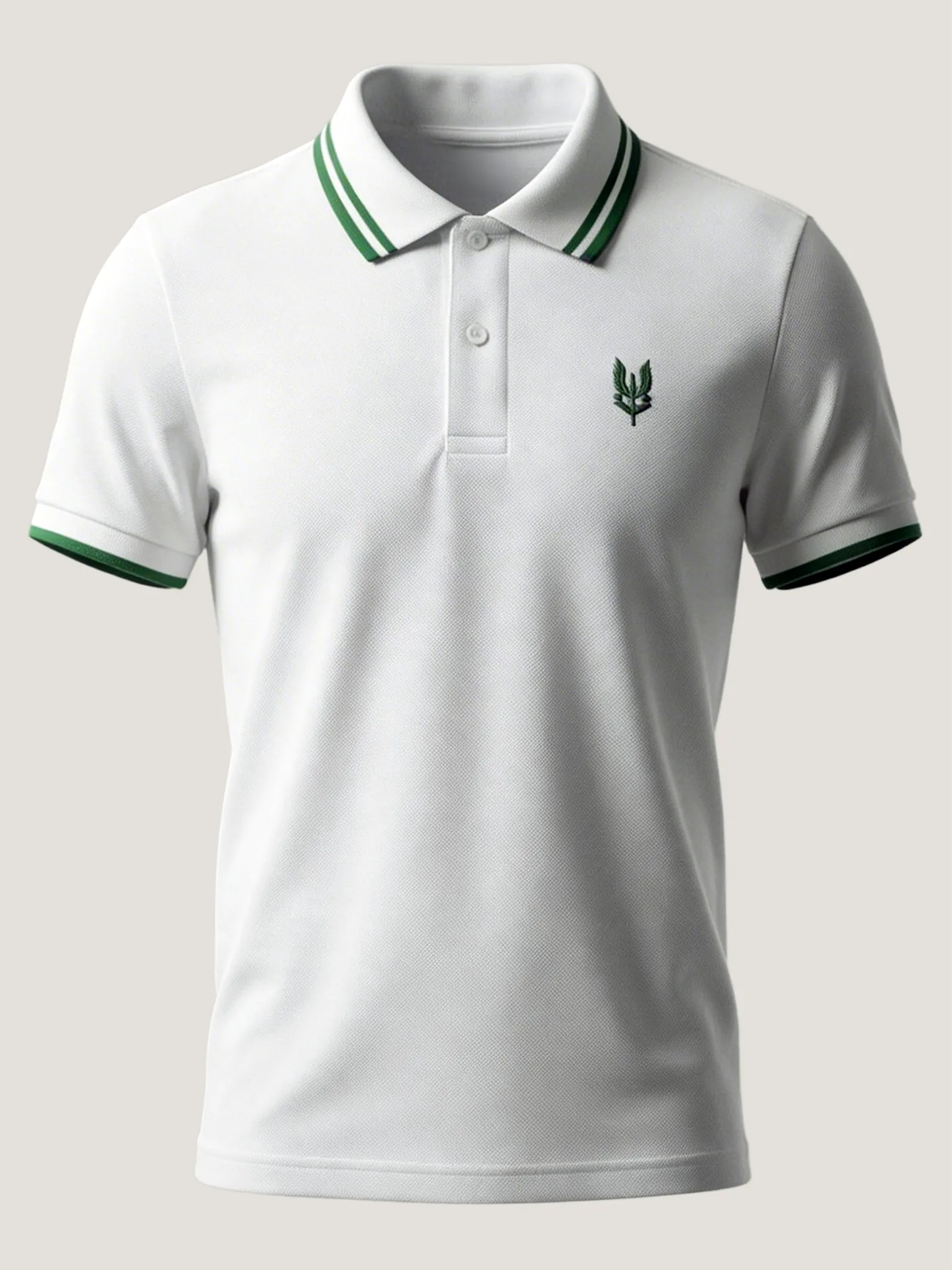 White polo shirt with green accents and a logo on a light gray background