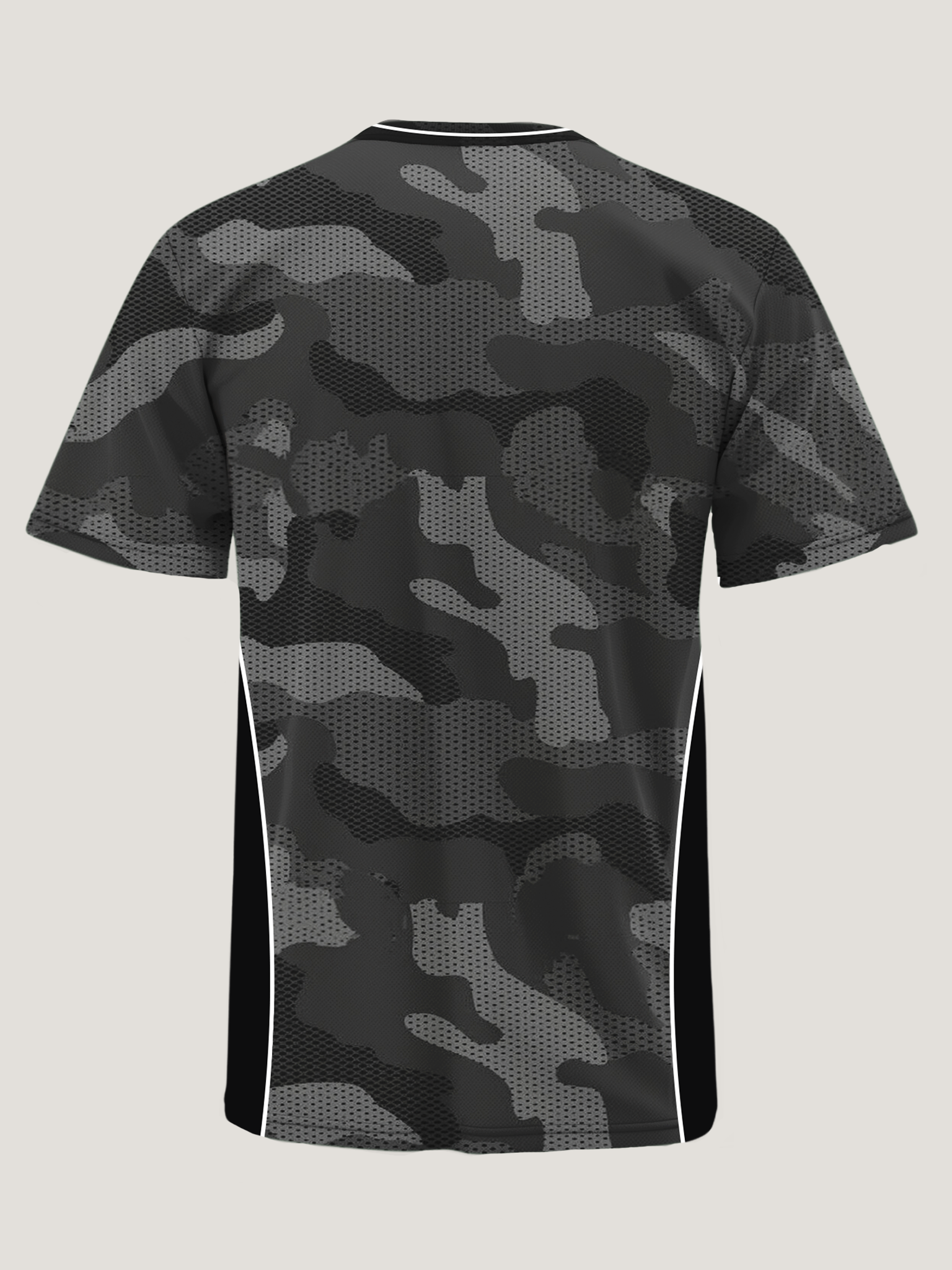 Black camouflage t-shirt on a light gray background