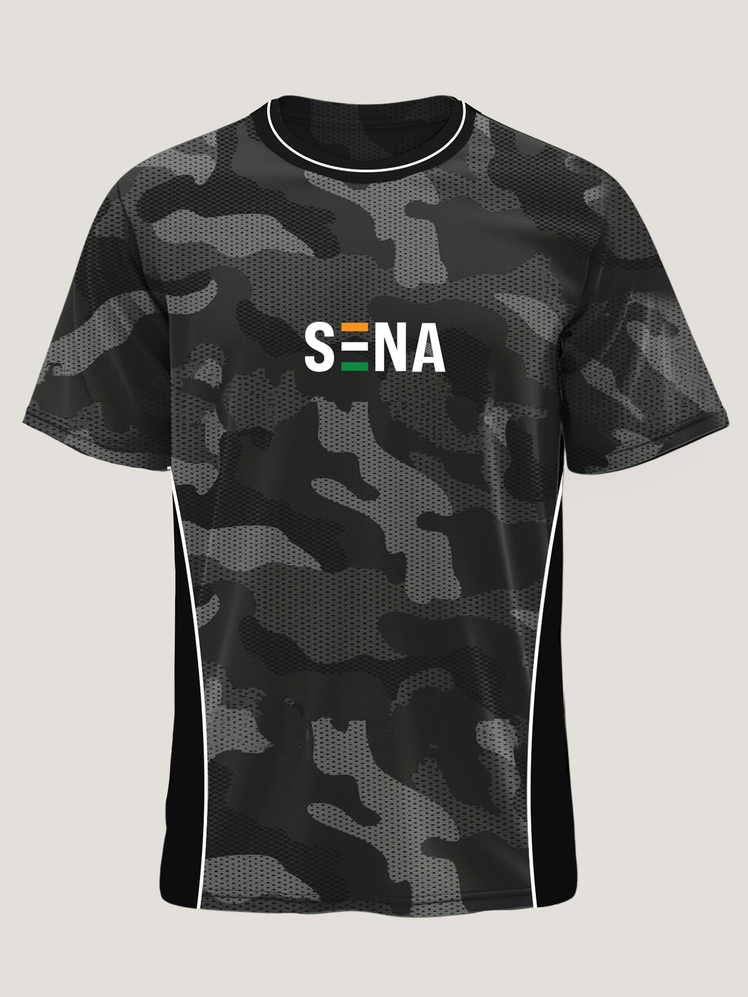 Black camouflage t-shirt with 'SENA' logo on a light gray background