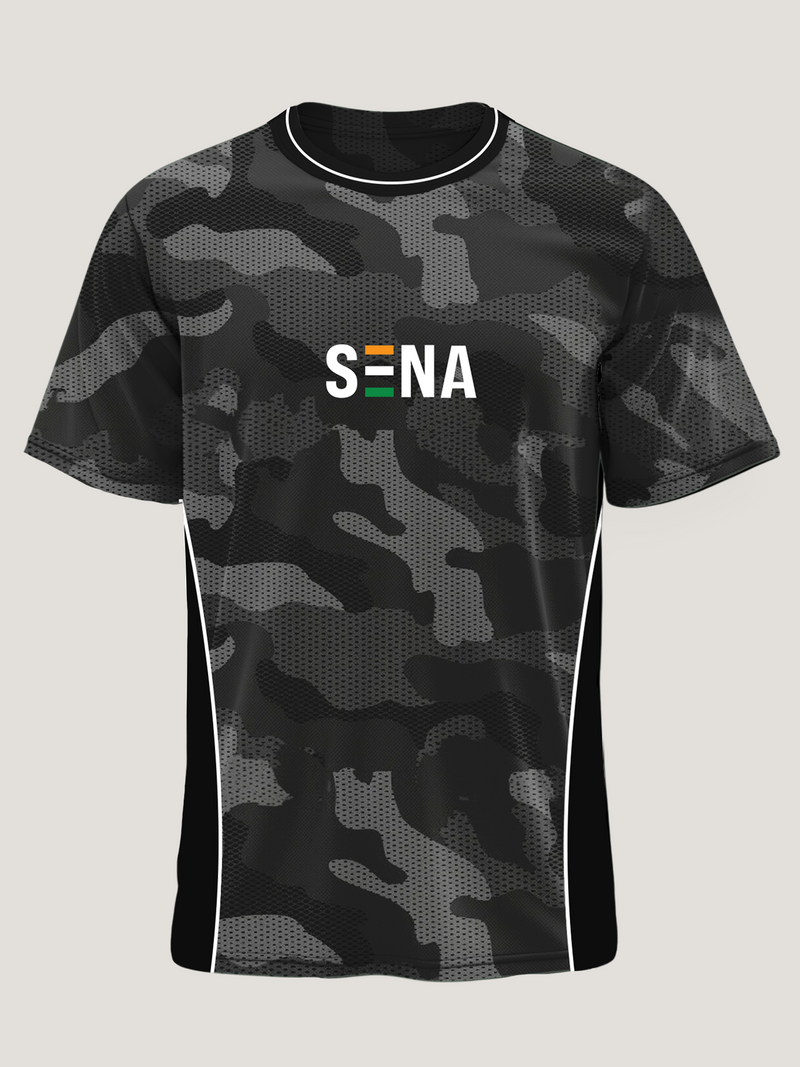 Black camouflage t-shirt with 'SENA' logo on a light gray background