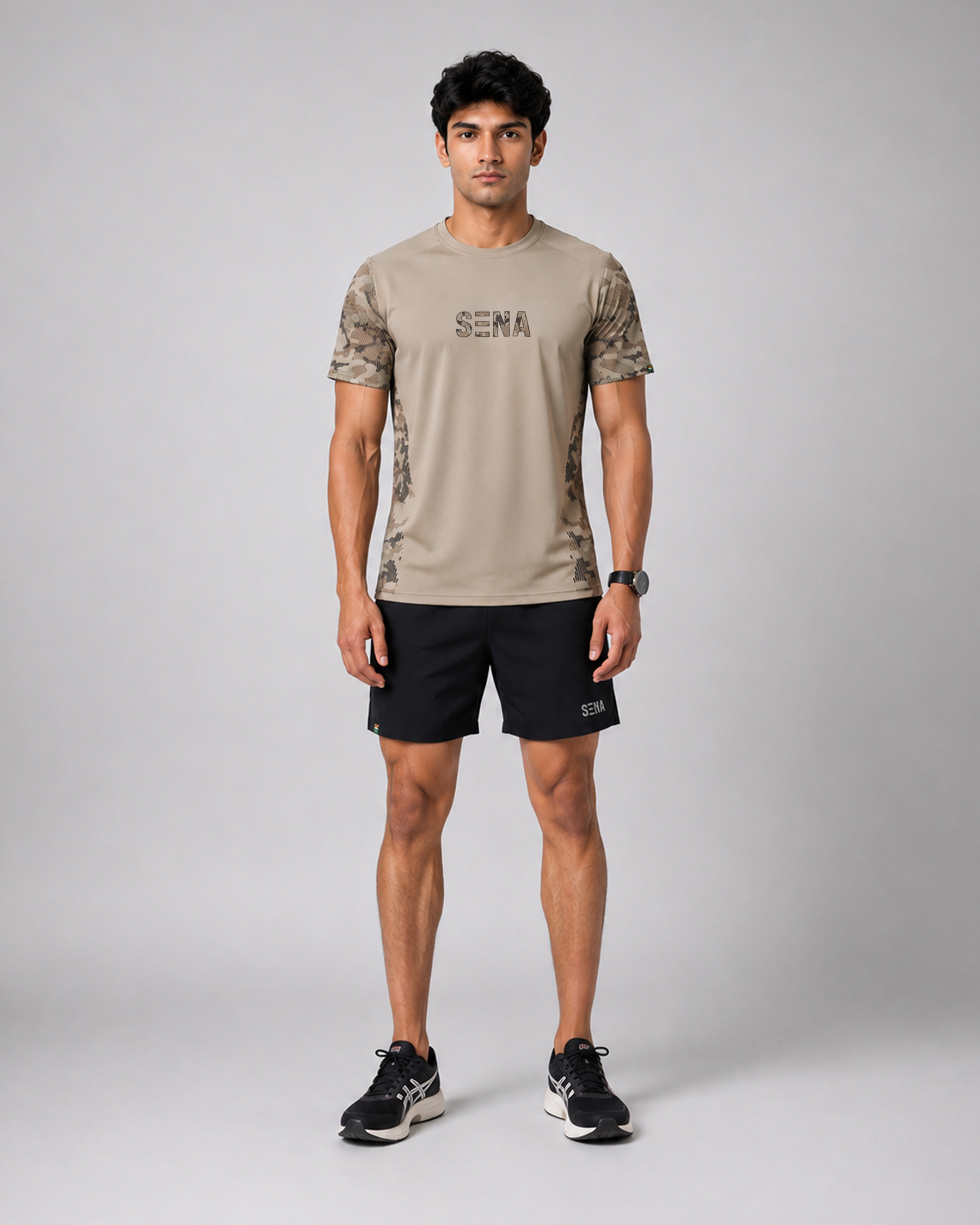 Beige Camo Sleeve Round Neck Dri-Fit T-Shirt | 180 GSM Athleisure Tee