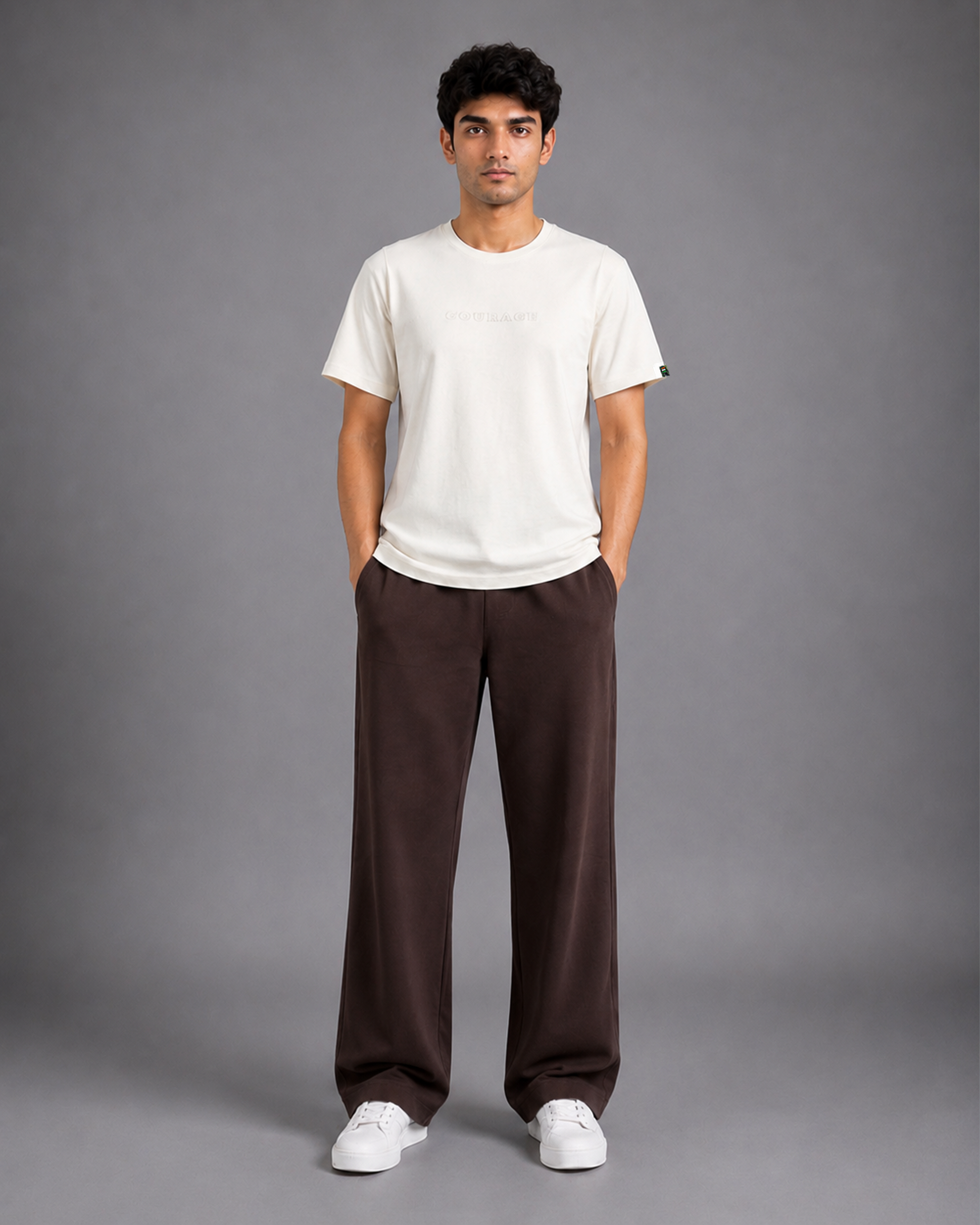Light Beige COURAGE Embroidered T-Shirt | 220 GSM Cotton Sinker Relaxed Fit Tee