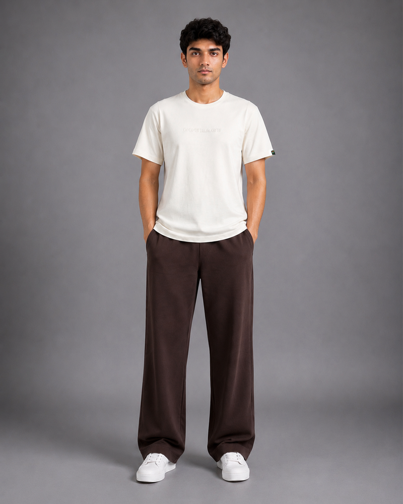 Light Beige COURAGE Embroidered T-Shirt | 220 GSM Cotton Sinker Relaxed Fit Tee