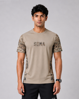 Beige Camo Sleeve Round Neck Dri-Fit T-Shirt | 180 GSM Athleisure Tee