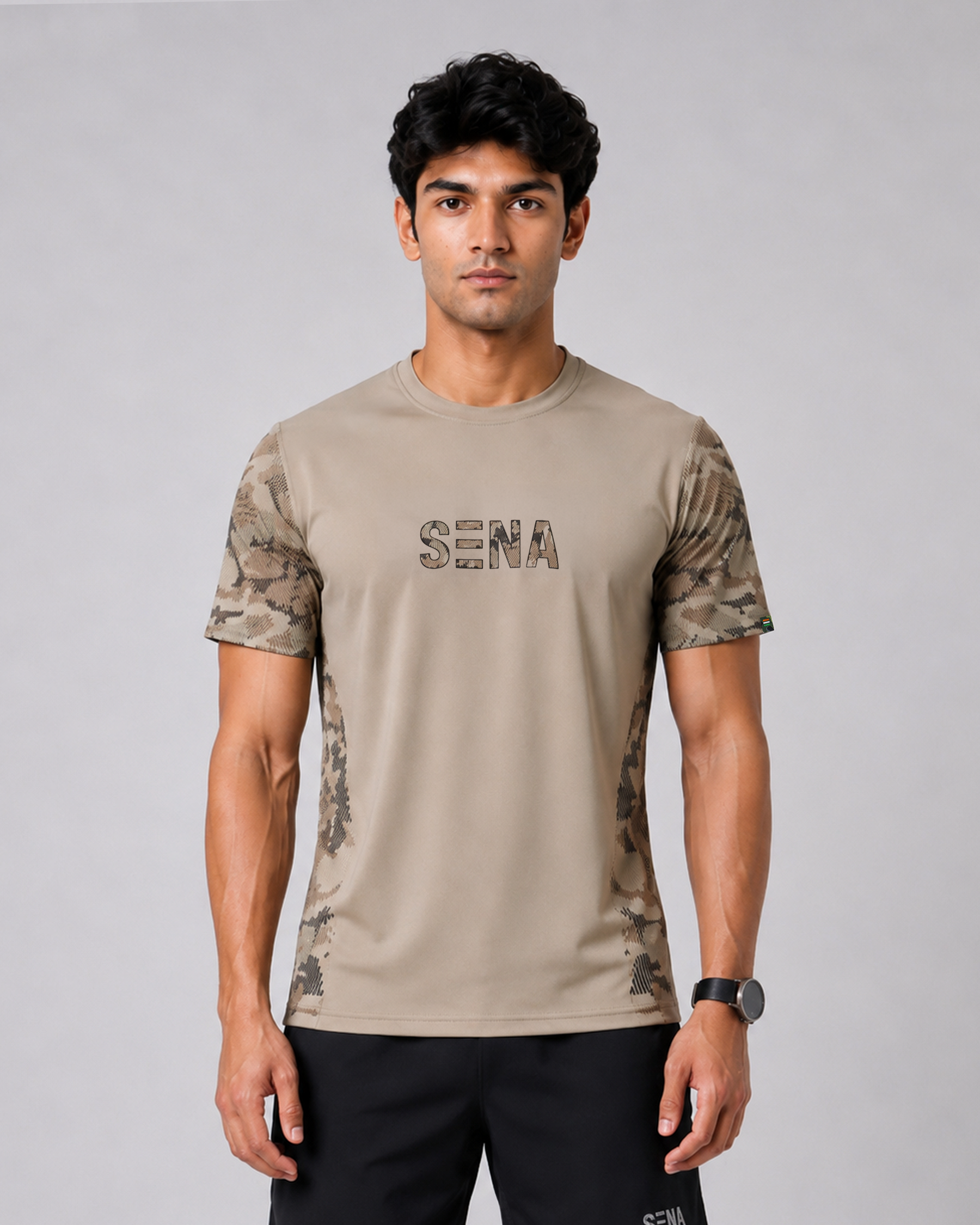 Beige Camo Sleeve Round Neck Dri-Fit T-Shirt | 180 GSM Athleisure Tee