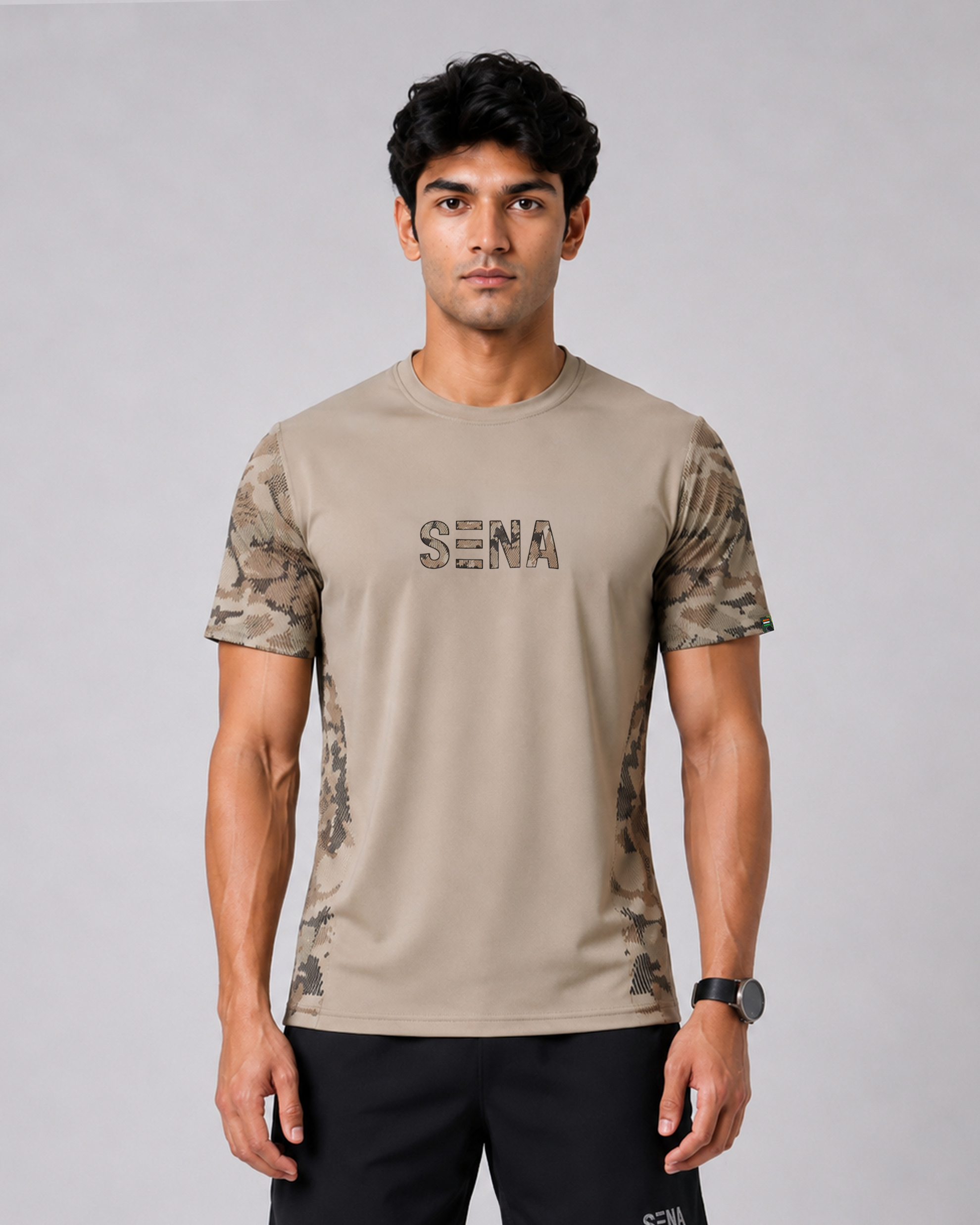 Beige Camo Sleeve Round Neck Dri-Fit T-Shirt | 180 GSM Athleisure Tee