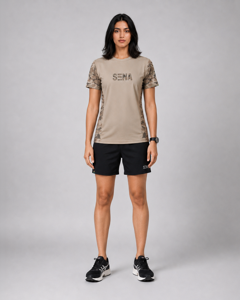 Beige Camo Sleeve Round Neck Dri-Fit T-Shirt | 180 GSM Athleisure Tee