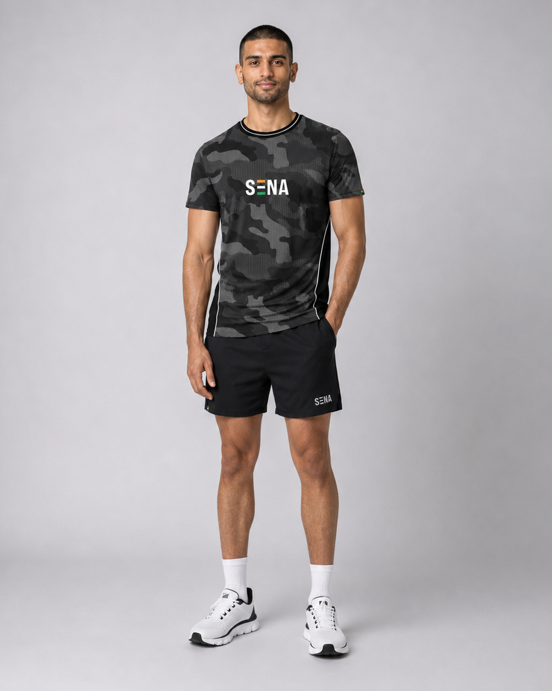 Black & Grey Camo Round Neck Camouflage T-Shirt | 180 GSM Dri-Fit Athleisure Tee