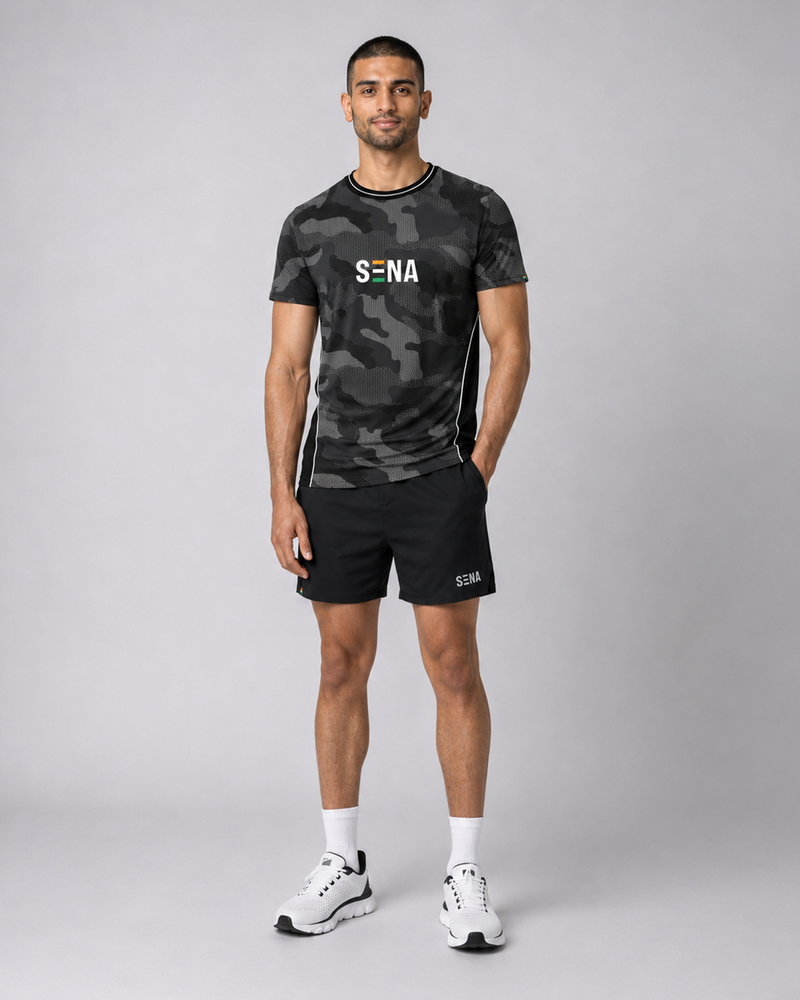 Black & Grey Camo Round Neck Camouflage T-Shirt | 180 GSM Dri-Fit Athleisure Tee
