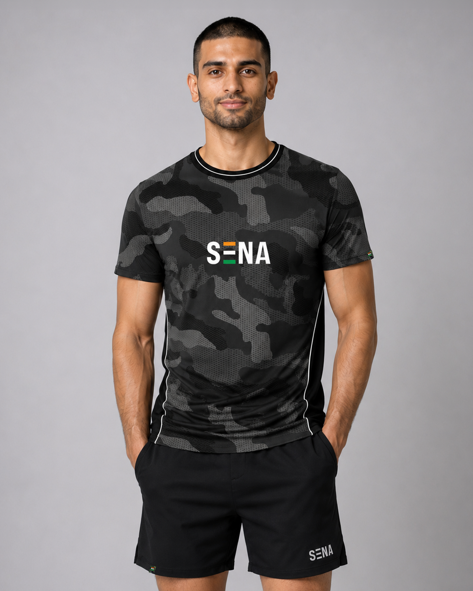 Black & Grey Camo Round Neck Camouflage T-Shirt | 180 GSM Dri-Fit Athleisure Tee