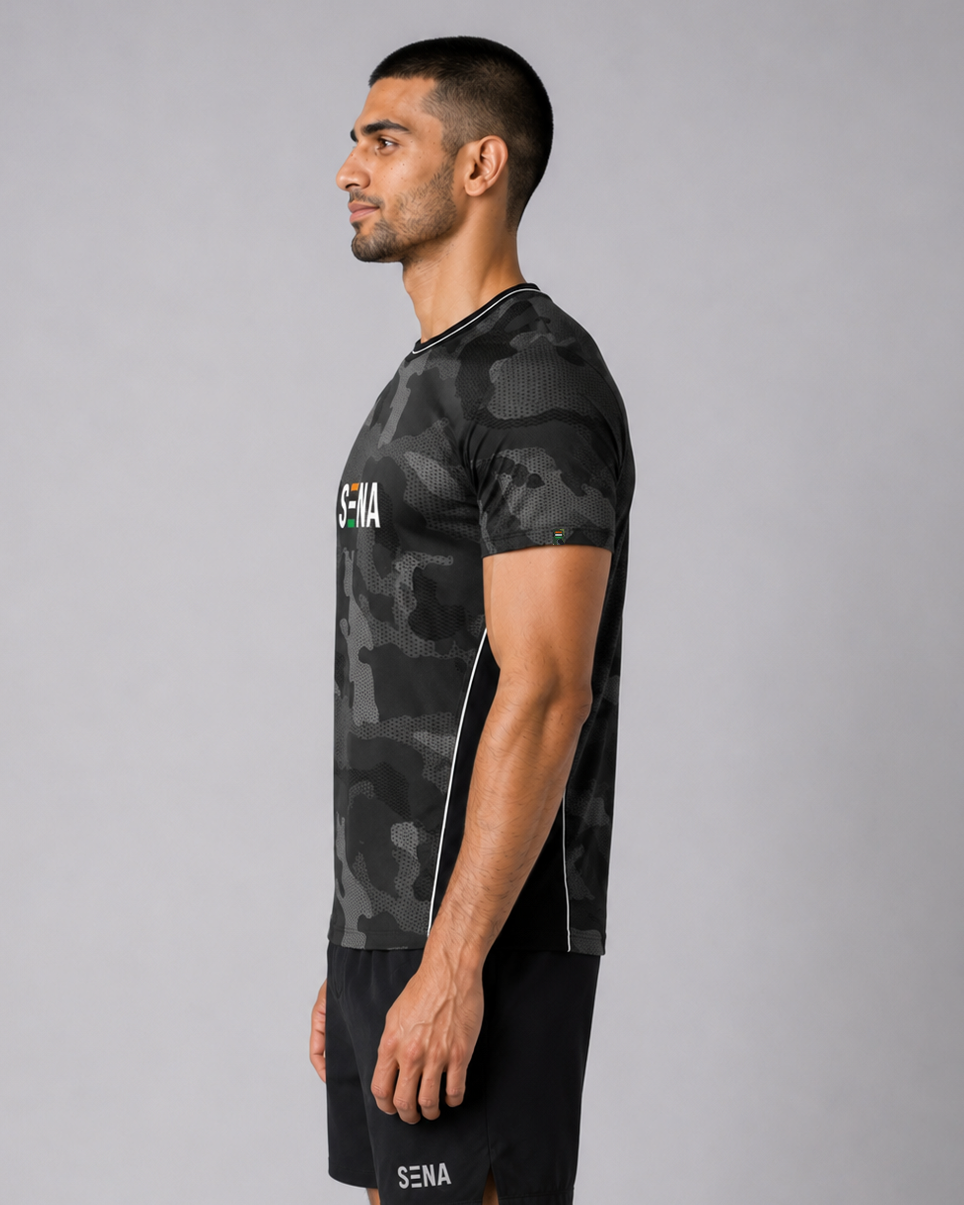 Black & Grey Camo Round Neck Camouflage T-Shirt | 180 GSM Dri-Fit Athleisure Tee