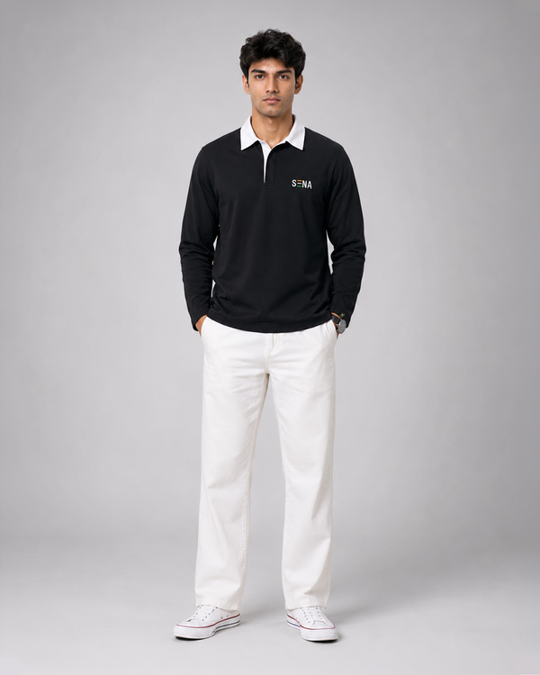 Black Full Sleeve with Tricolor Embroidered | Relaxed Fit Polo T-shirt
