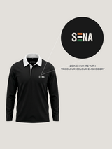 Black long-sleeve polo shirt with 'Sena' branding on a light gray background