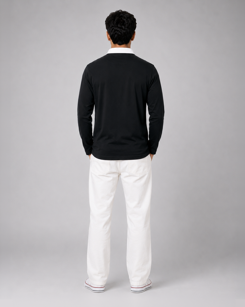 Black Full Sleeve with Tricolor Embroidered | Relaxed Fit Polo T-shirt