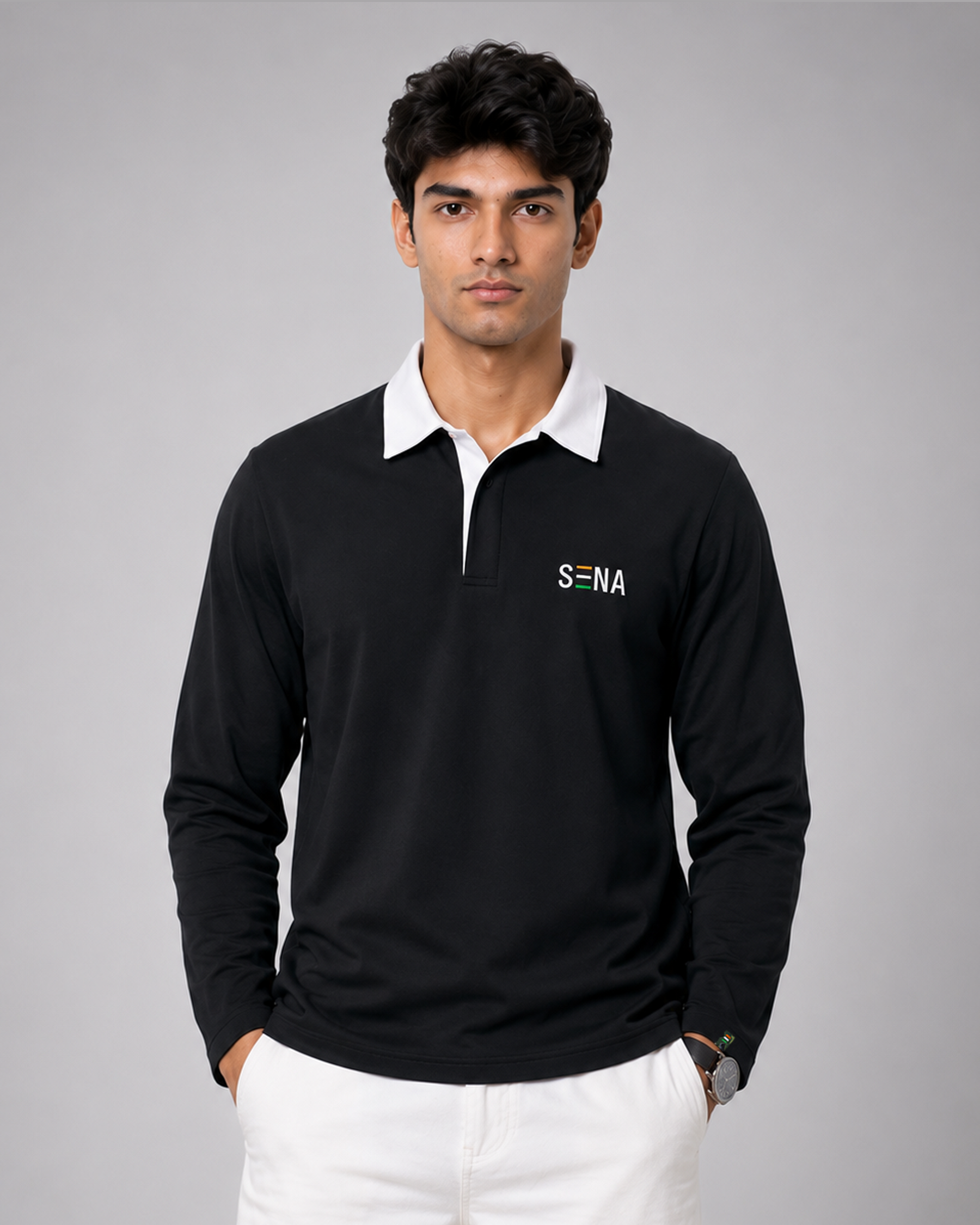 Black Full Sleeve with Tricolor Embroidered | Relaxed Fit Polo T-shirt