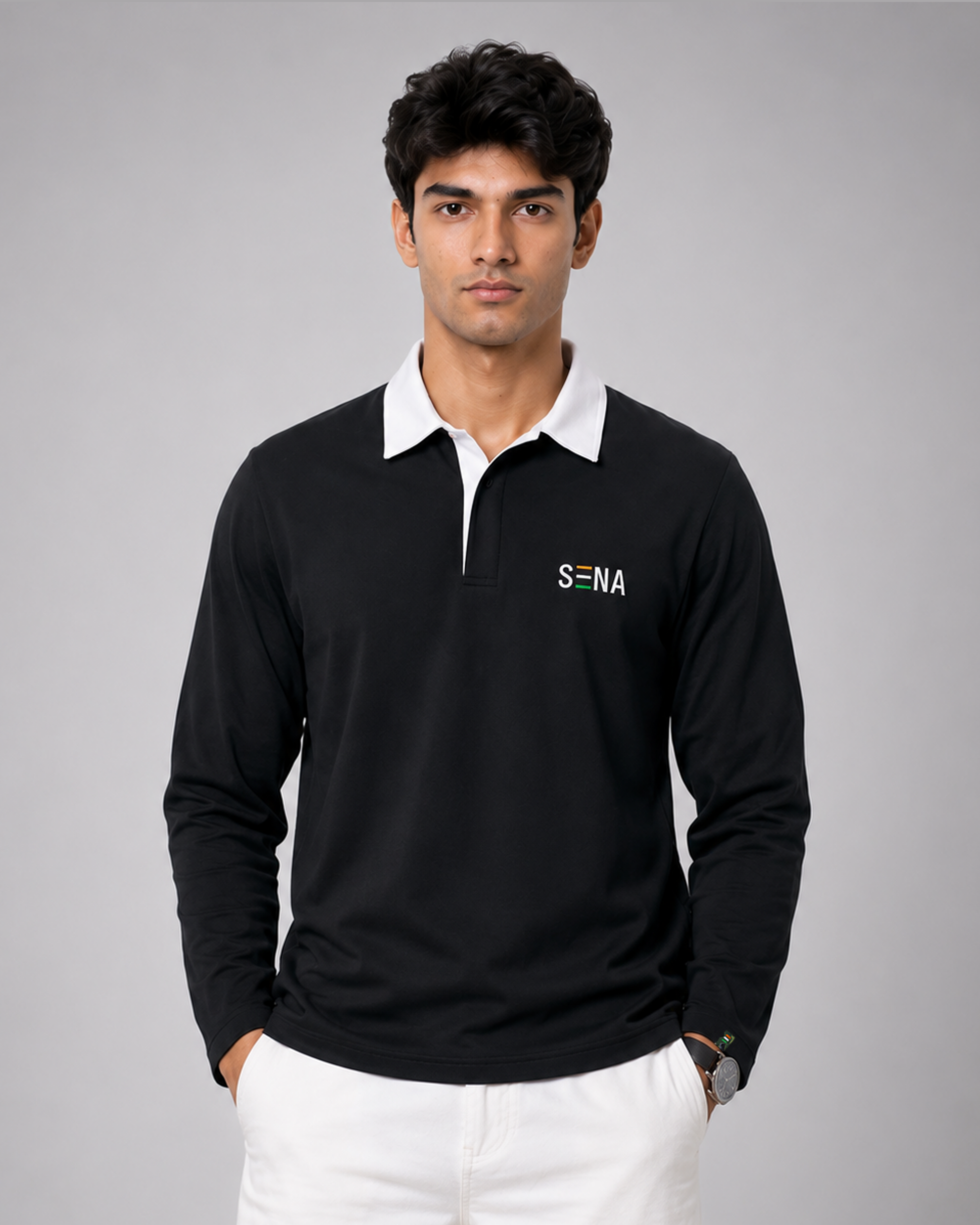 Black Full Sleeve with Tricolor Embroidered | Relaxed Fit Polo T-shirt