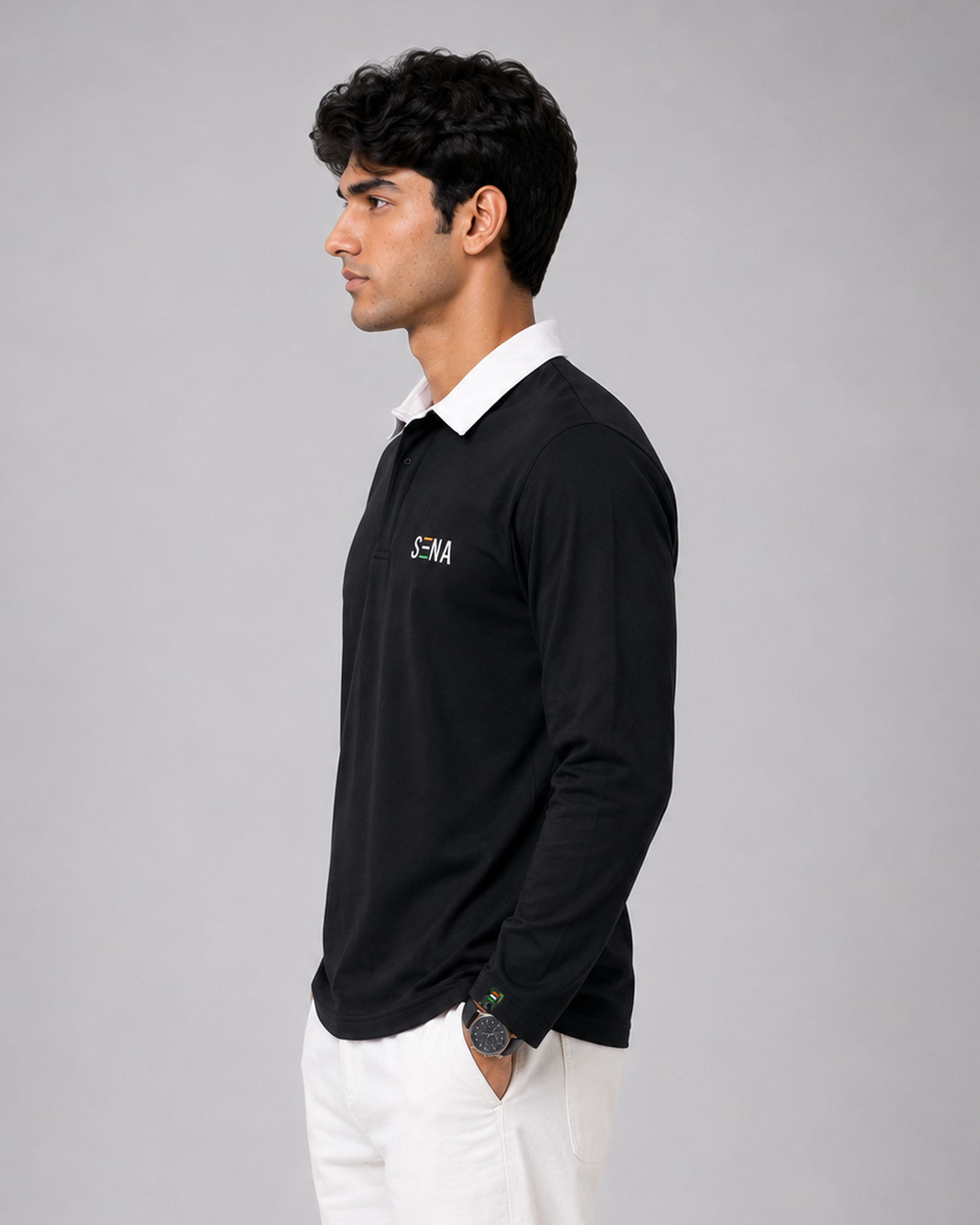 Black Full Sleeve with Tricolor Embroidered | Relaxed Fit Polo T-shirt