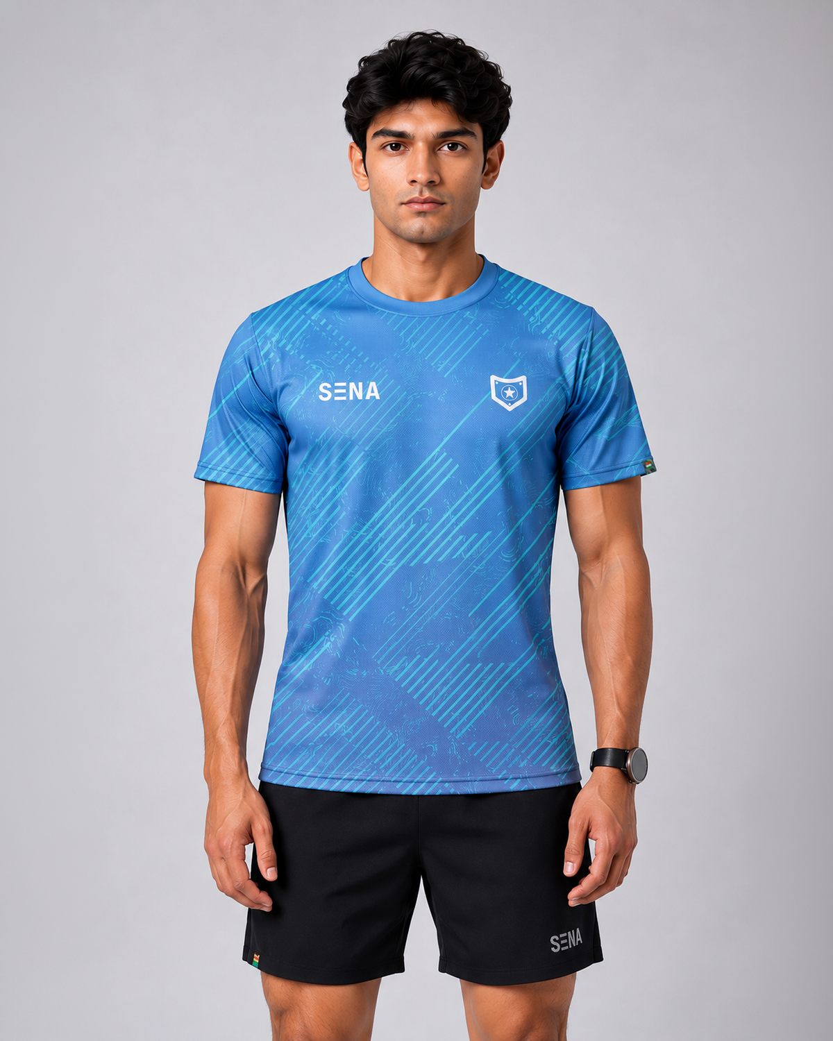 Blue Stripe Print Round Neck Dri- Fit T-Shirt