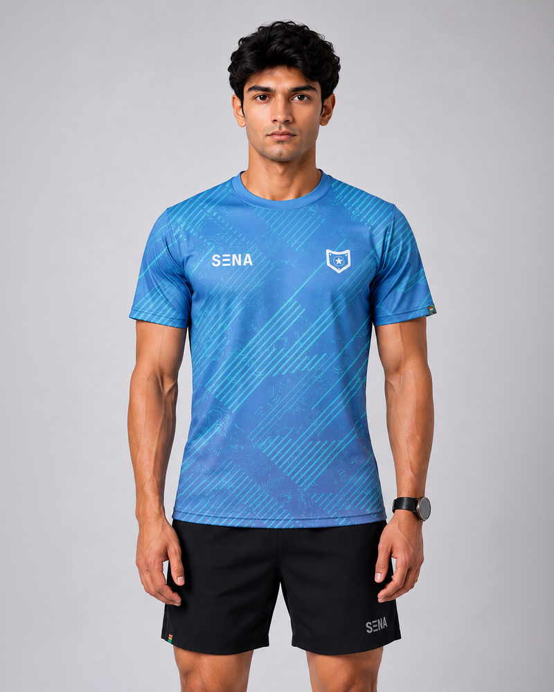 Blue Stripe Print Round Neck Dri- Fit T-Shirt