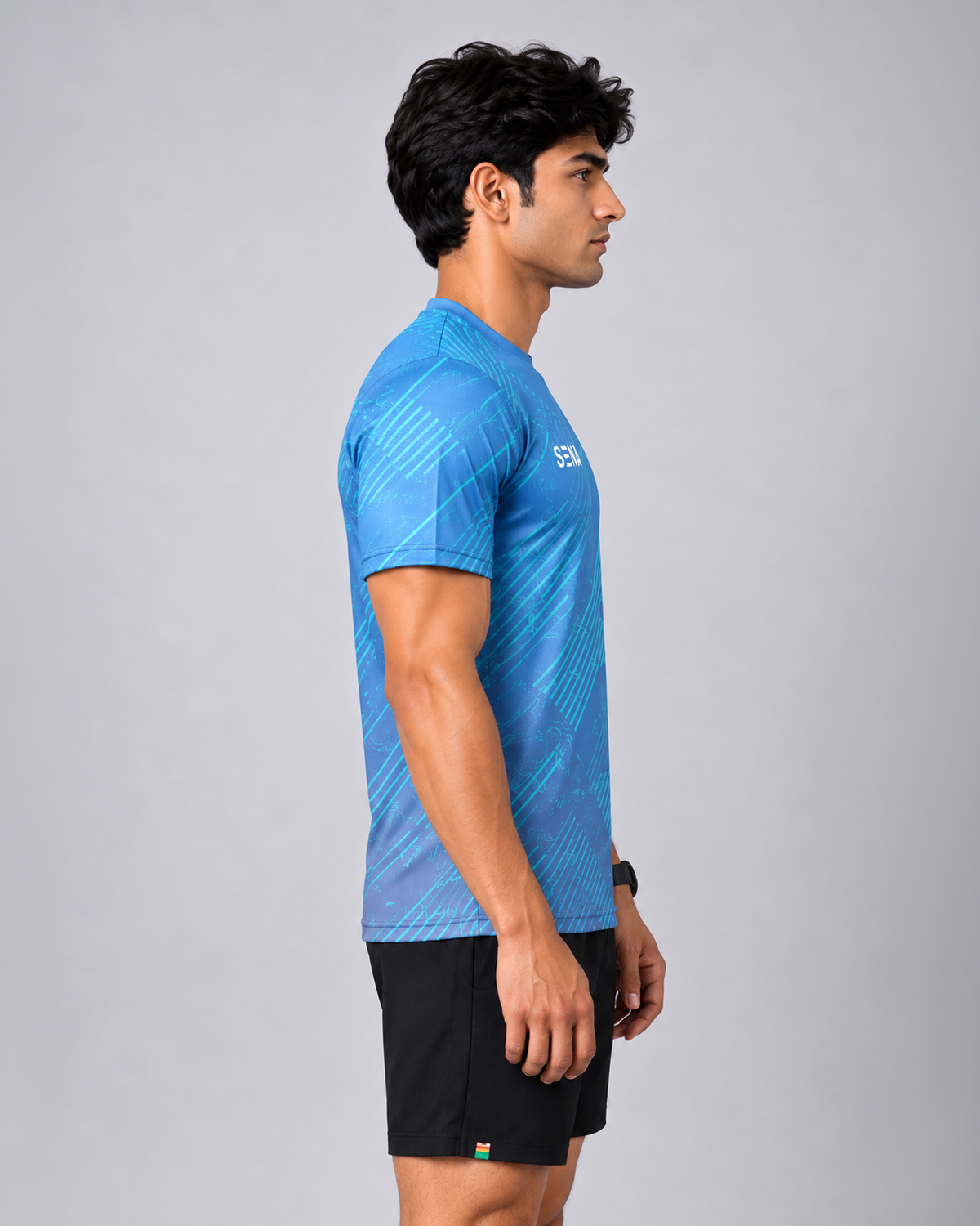 Blue Stripe Print Round Neck Dri- Fit T-Shirt