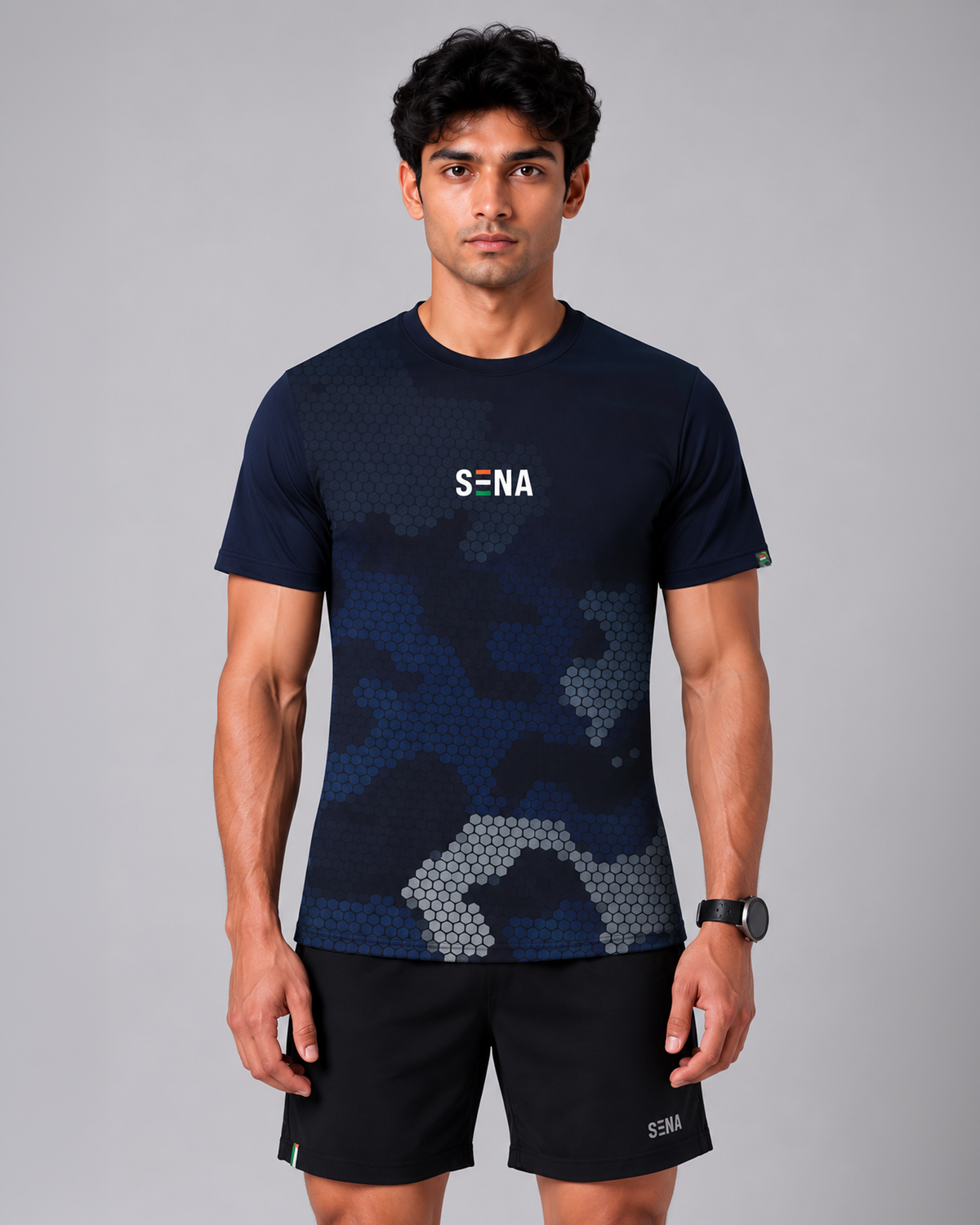 Dark Navy Camo Round Neck Dri-Fit T-Shirt | 180 GSM Athleisure Tee