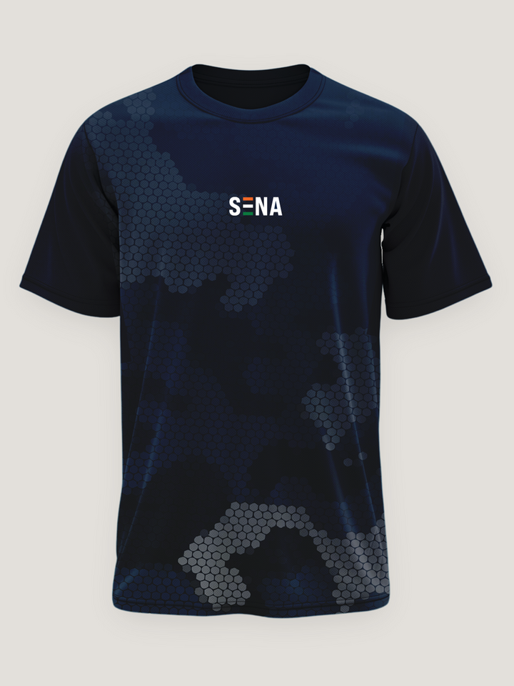 Blue Camo Round Neck Dri- Fit T-Shirt
