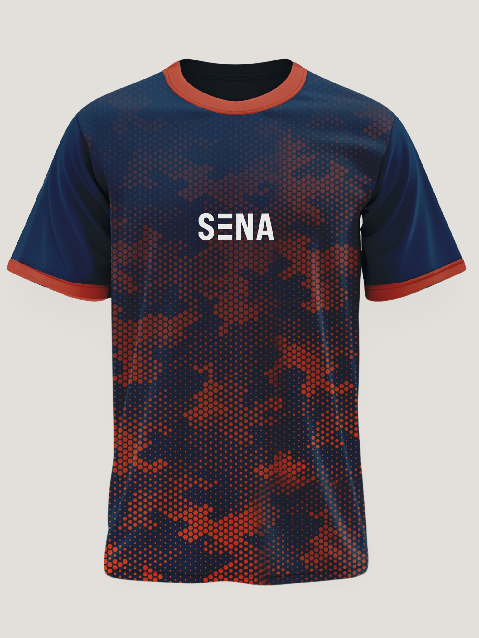 Navy & Orange Hexagonal Camouflage T-Shirt | 190 GSM Dri-Fit | Contrast Trim Athleisure
