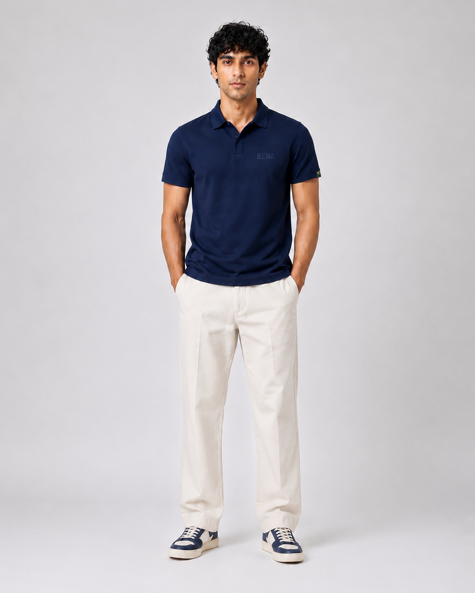 Navy Blue Half Sleeves Embroidered Polo