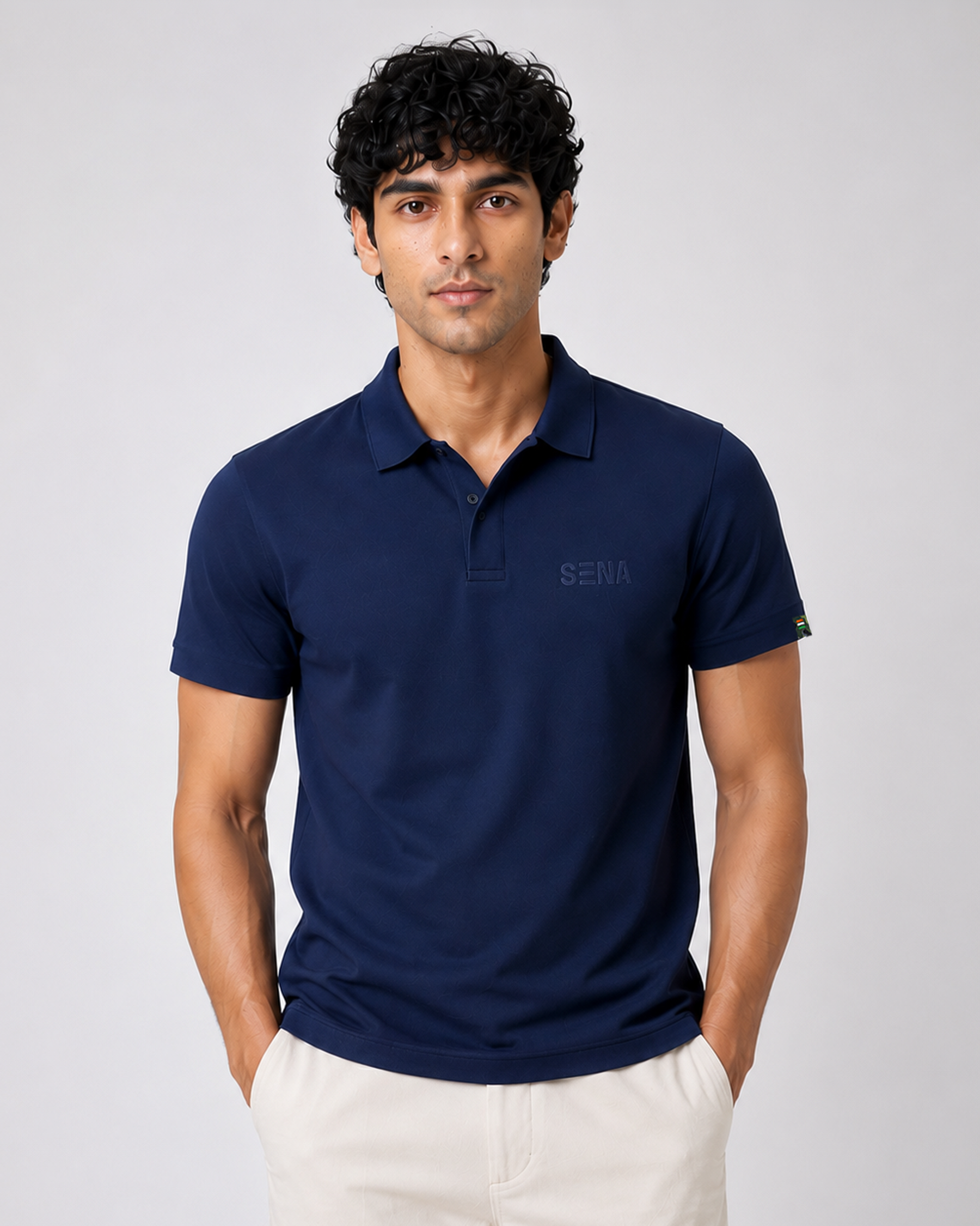 Navy Blue Half Sleeves Embroidered Polo