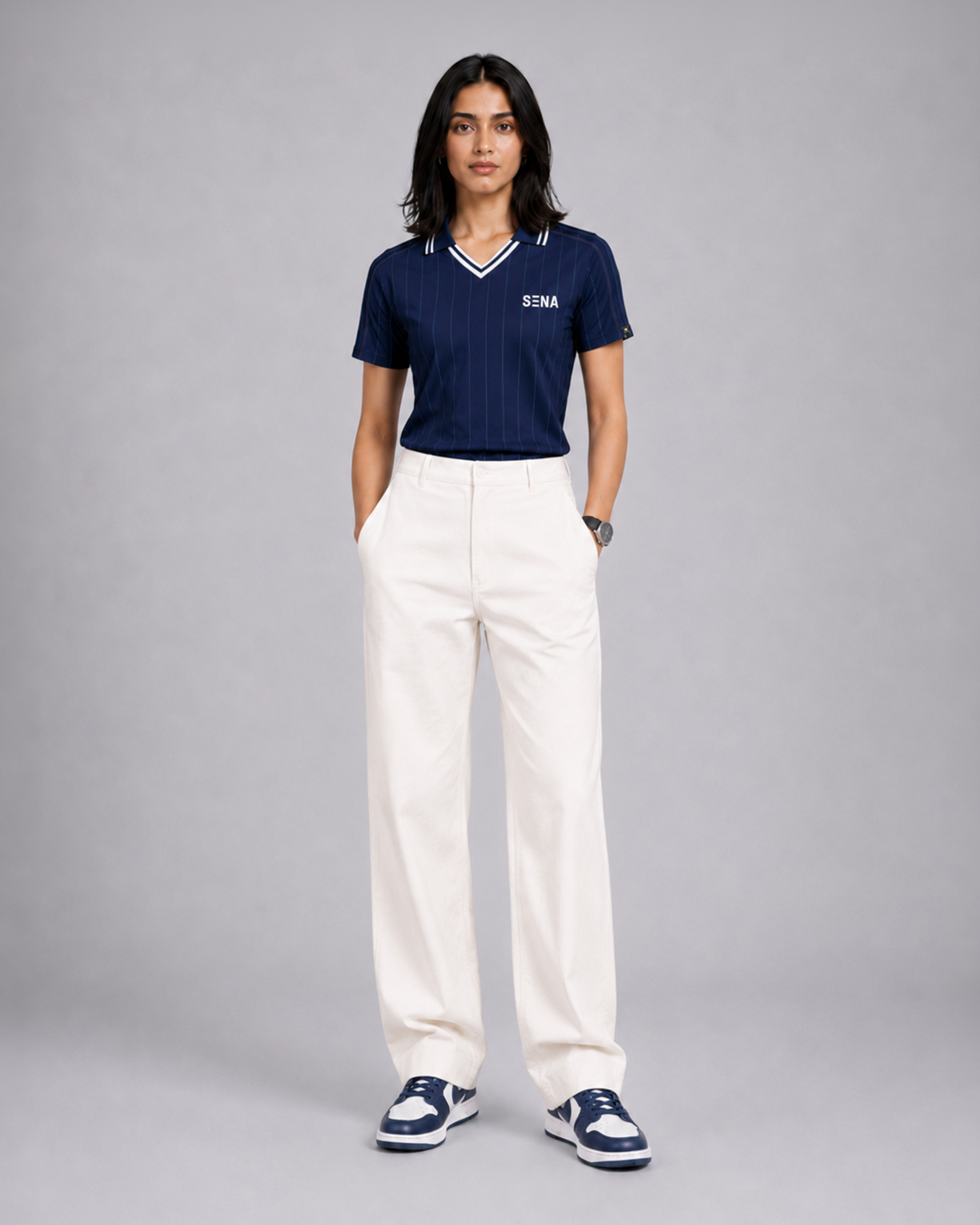 Navy Blue Pinstripe Polo Collar Dri-Fit T-Shirt