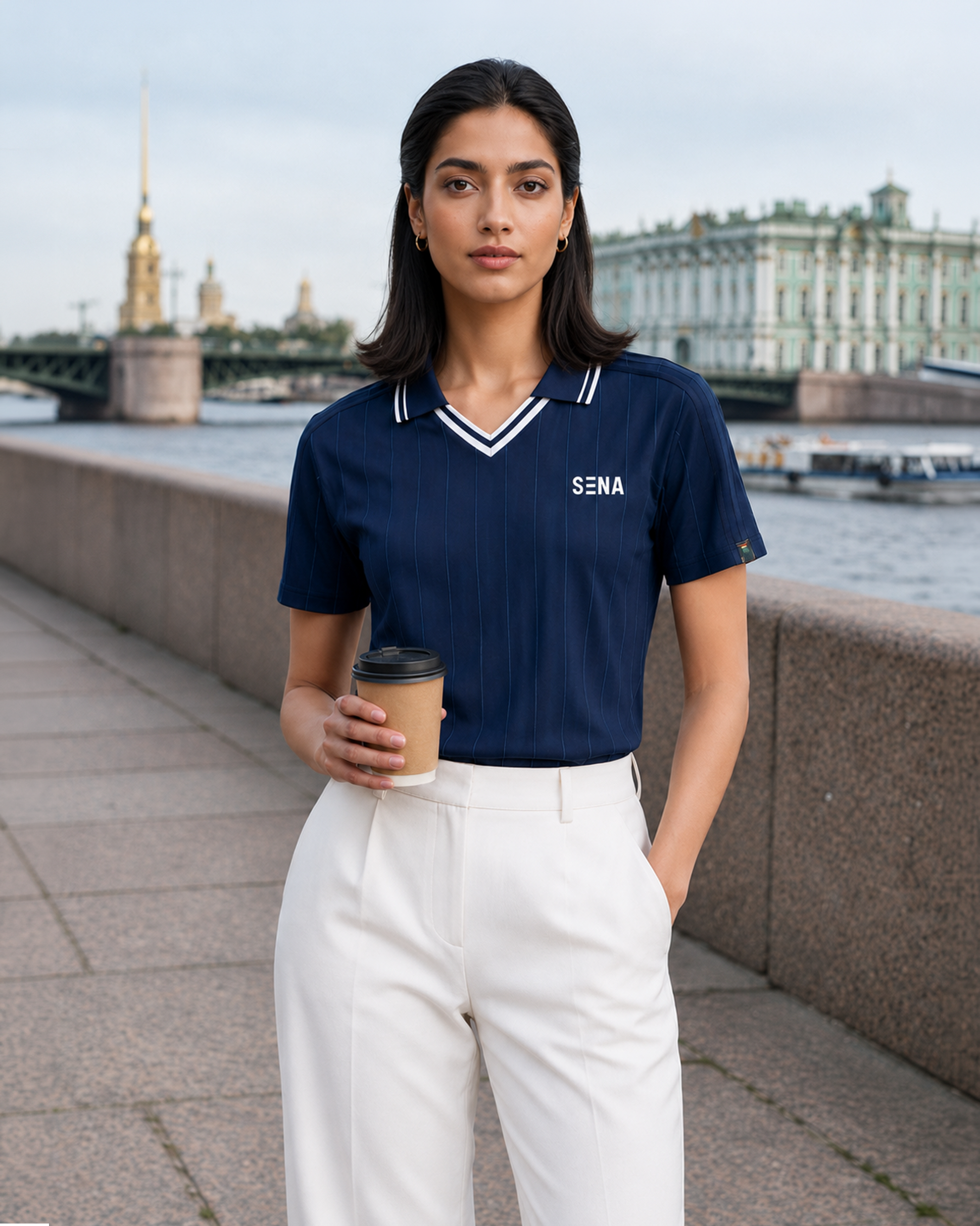 Navy Blue Pinstripe Polo Collar Dri-Fit T-Shirt